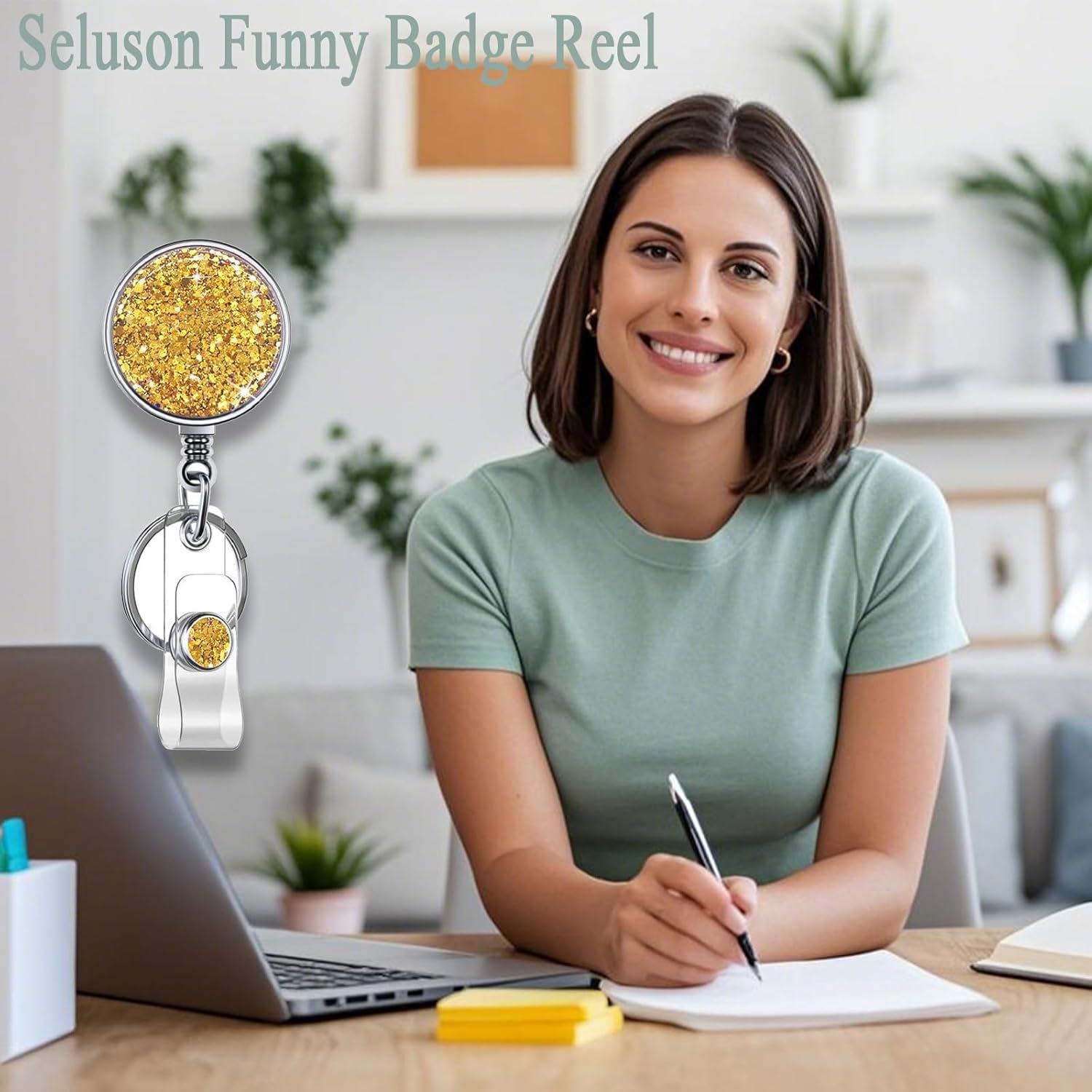 Bling Circular Retractable Badge Holder, Retractable Badge Reels with Key Ring Backing Belt Clip for Nurse,Medical Healthcare Worker, Volunteer,Teacher,Student (1 Pack-Yellow) - Image 2
