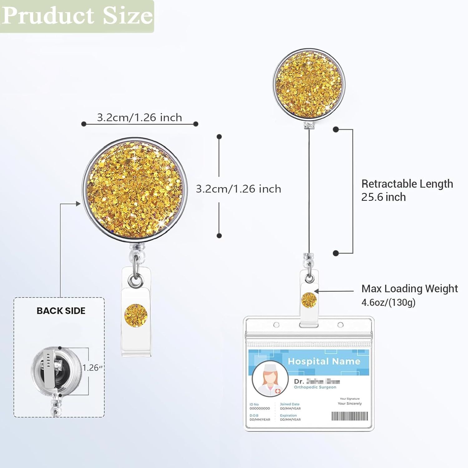 Bling Circular Retractable Badge Holder, Retractable Badge Reels with Key Ring Backing Belt Clip for Nurse,Medical Healthcare Worker, Volunteer,Teacher,Student (1 Pack-Yellow) - Image 3