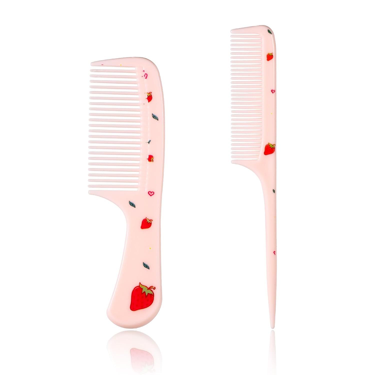 2pcs Cute Hair Comb Set, Pink Strawberry Baby Comb Fine Tooth Comb & Rat Tail Comb Toddler Tiny Hair Comb Small Girls Comb Plastic Mini Kids Comb Hair Parting Comb for Women Girls Kids All Hair Types - Image 1