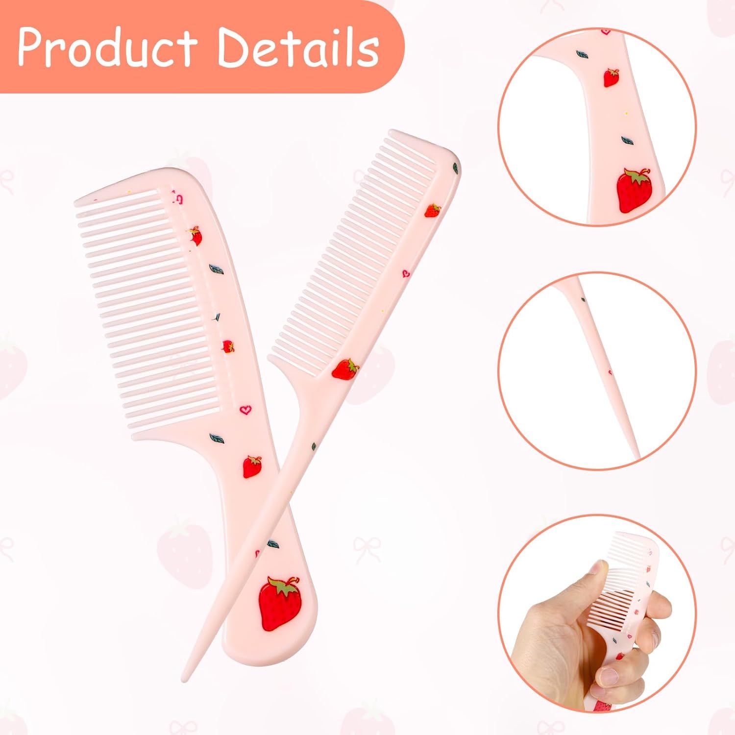 2pcs Cute Hair Comb Set, Pink Strawberry Baby Comb Fine Tooth Comb & Rat Tail Comb Toddler Tiny Hair Comb Small Girls Comb Plastic Mini Kids Comb Hair Parting Comb for Women Girls Kids All Hair Types - Image 3