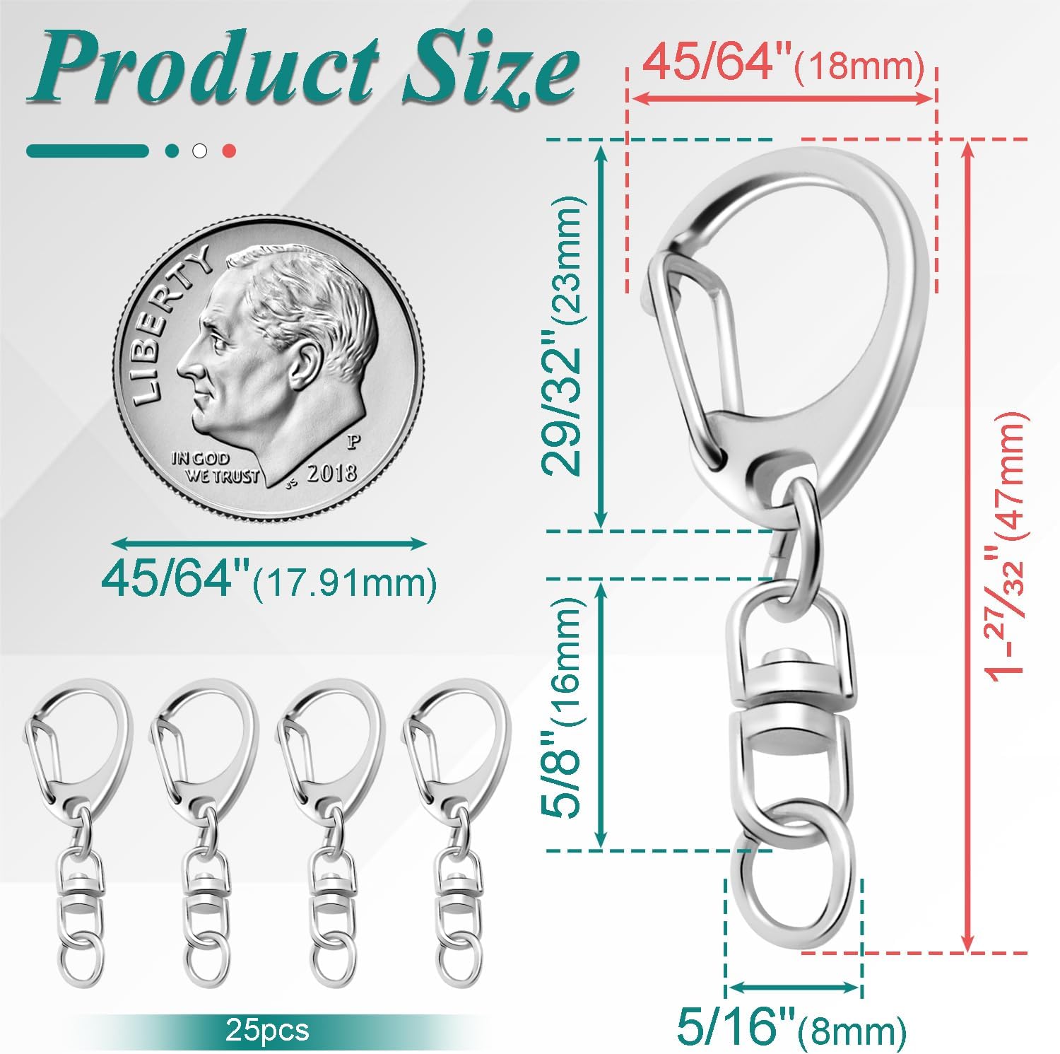 25 Pack Lobster Claw Clasps Keychain Kit, Silver Keychain Clip with Swivel Snap Hooks, Bulk Key Chain Clasps for Crafts DIY Making - Image 2
