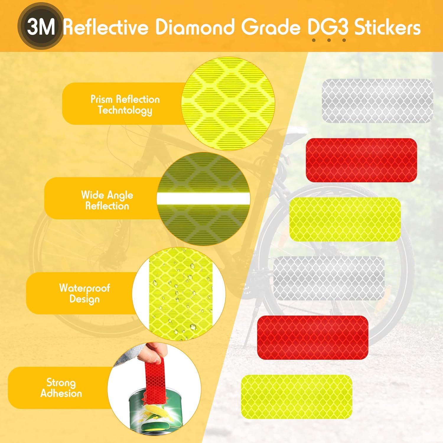 Warning Reflective Stickers Safety Night Visibility Adhesive Stickers Waterproof Reflective Tape Decal for Vehicle Motorcycle Bicycle, 1.18 x 3.25 Inch(24 Pieces) - Image 3