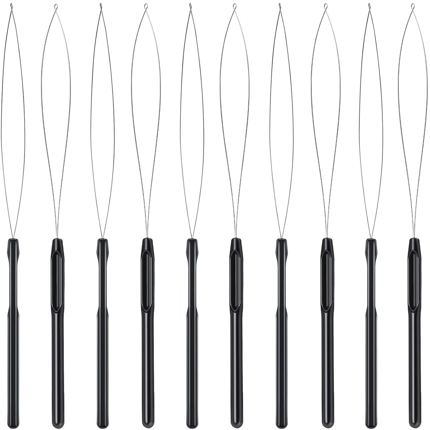 10 Pieces Hair Extension Loop Needle Threader Pulling Hook Tool and Bead Device Tool Black Loop Threader for Hair or Feather Extensions (Black) - Image 1