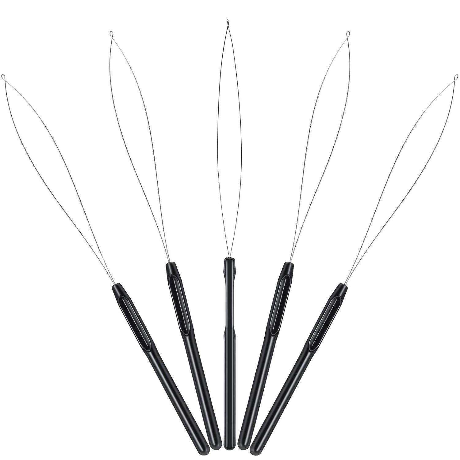 10 Pieces Hair Extension Loop Needle Threader Pulling Hook Tool and Bead Device Tool Black Loop Threader for Hair or Feather Extensions (Black) - Image 5