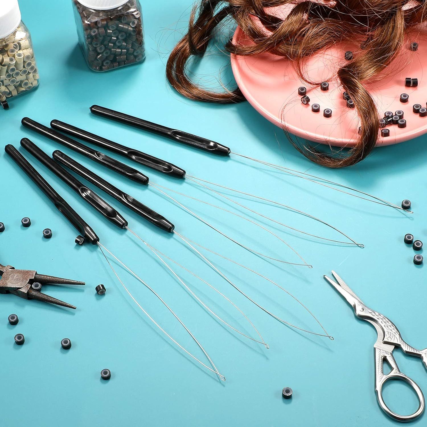 10 Pieces Hair Extension Loop Needle Threader Pulling Hook Tool and Bead Device Tool Black Loop Threader for Hair or Feather Extensions (Black) - Image 6