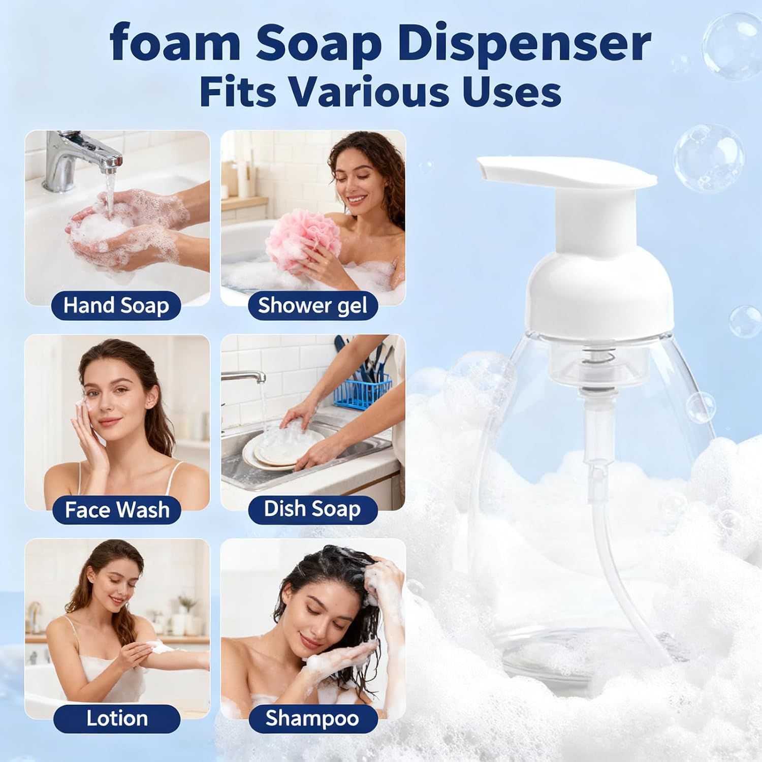 2-Pack Foaming Soap Dispenser Pump Bottles,Foam Hand Soap Dispenser with Refillable Plastic Container for Shampoo for Bathroom & Kitchen-Clear,8 oz(250ml) - Image 6