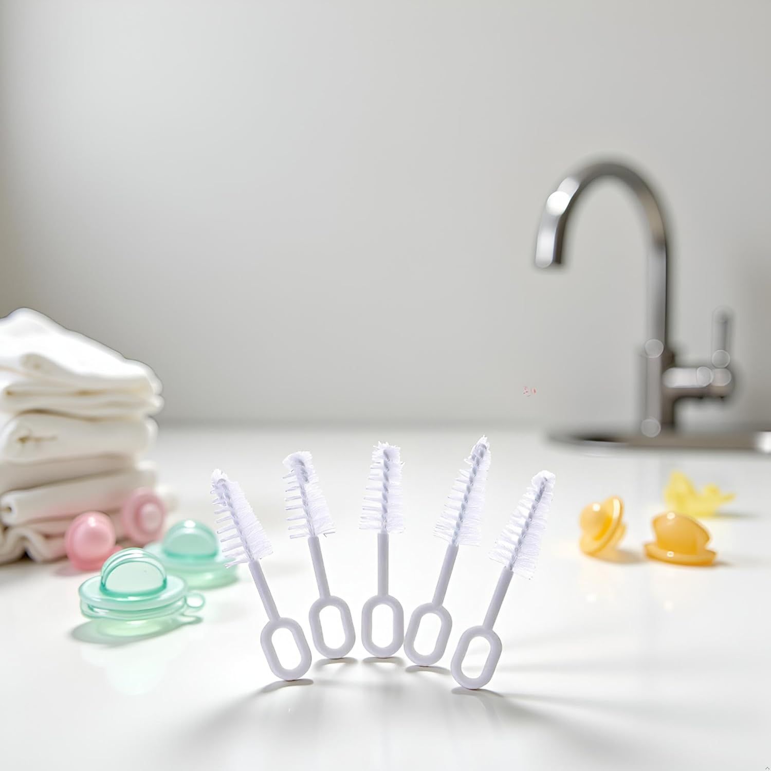 5 Pcs White Pacifier Cleaning Set,Nipple Cleaner Nipples Brush Cleaning Tools Professional Bristle High Density Pacifier Soother Accessories,Bottle-Feeding - Image 2