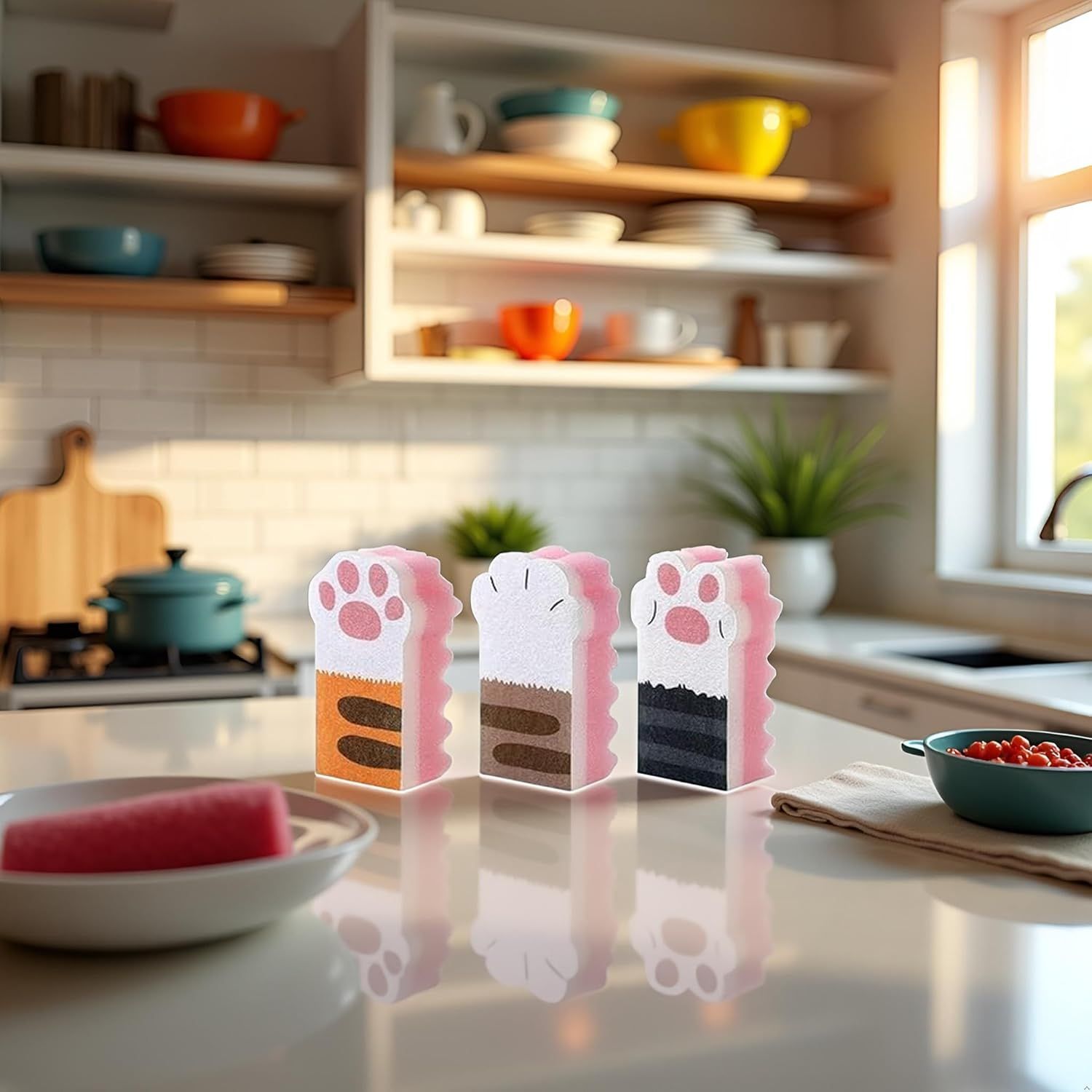 3Pcs Pink Random Style Cat Claw Design Kitchen Cleaning Sponges,Cute Household Cleaning Tool,Claw Design Non-Scratch Dishwashing Scrub Sponge Kitchen Cleaning Tool,Household Supplies - Image 2