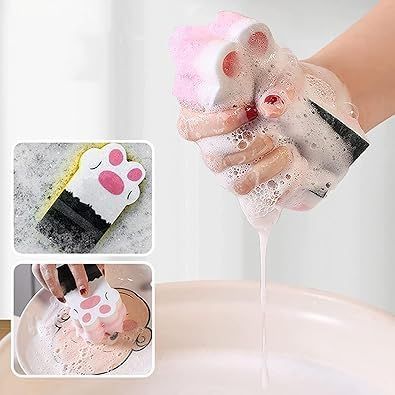 3Pcs Pink Random Style Cat Claw Design Kitchen Cleaning Sponges,Cute Household Cleaning Tool,Claw Design Non-Scratch Dishwashing Scrub Sponge Kitchen Cleaning Tool,Household Supplies - Image 3