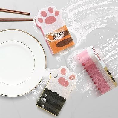 3Pcs Pink Random Style Cat Claw Design Kitchen Cleaning Sponges,Cute Household Cleaning Tool,Claw Design Non-Scratch Dishwashing Scrub Sponge Kitchen Cleaning Tool,Household Supplies - Image 4