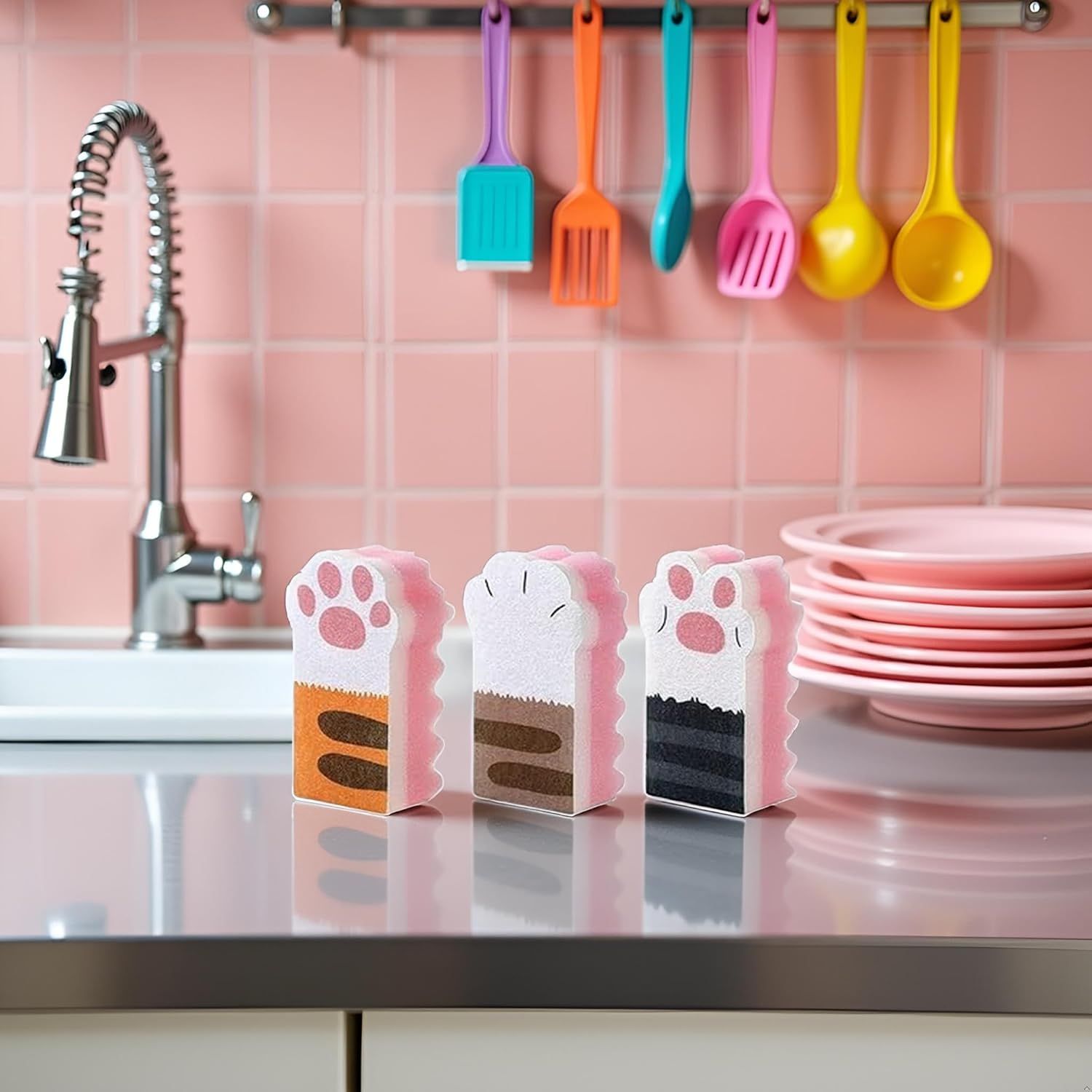 3Pcs Pink Random Style Cat Claw Design Kitchen Cleaning Sponges,Cute Household Cleaning Tool,Claw Design Non-Scratch Dishwashing Scrub Sponge Kitchen Cleaning Tool,Household Supplies - Image 5