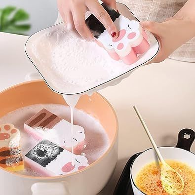 3Pcs Pink Random Style Cat Claw Design Kitchen Cleaning Sponges,Cute Household Cleaning Tool,Claw Design Non-Scratch Dishwashing Scrub Sponge Kitchen Cleaning Tool,Household Supplies - Image 6