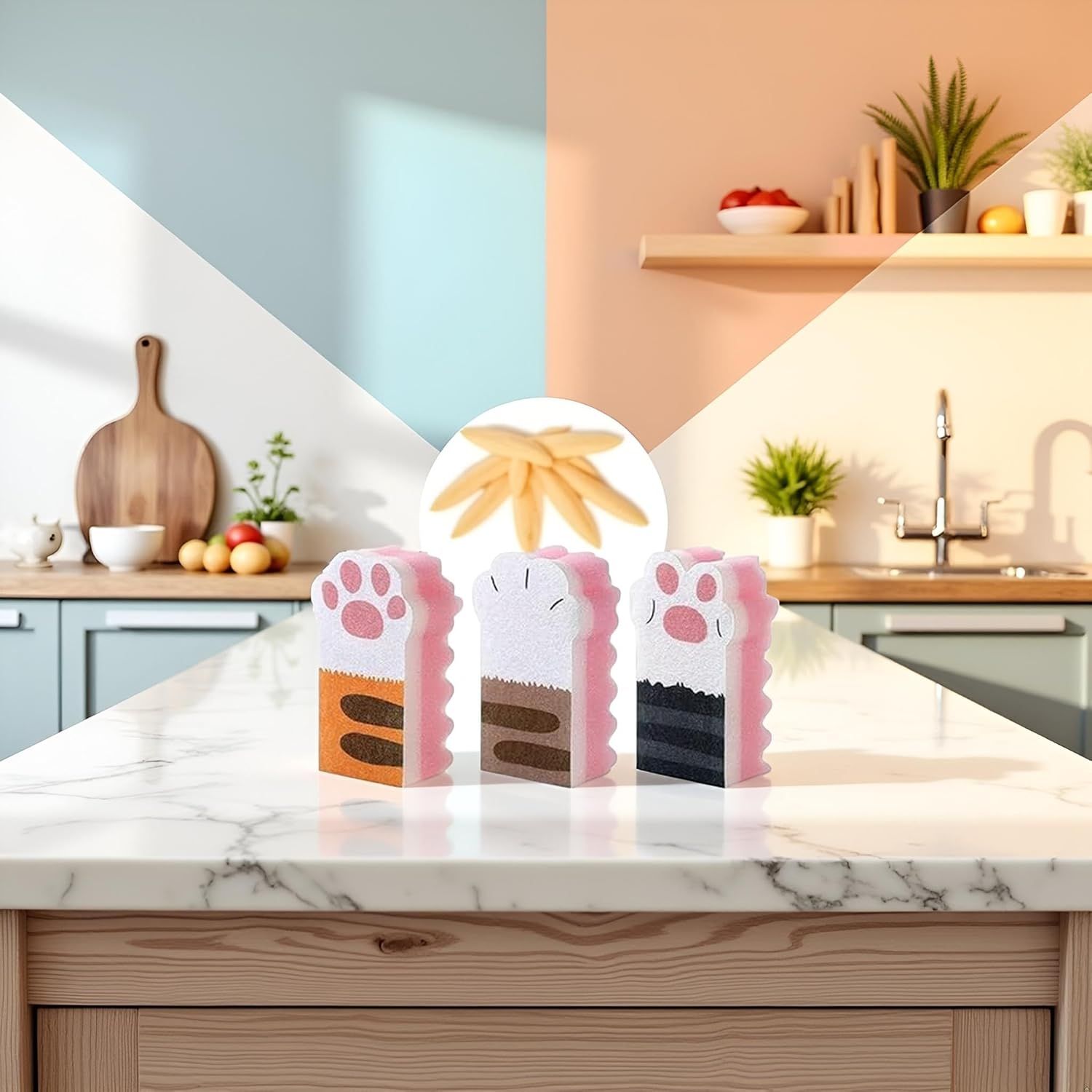 3Pcs Pink Random Style Cat Claw Design Kitchen Cleaning Sponges,Cute Household Cleaning Tool,Claw Design Non-Scratch Dishwashing Scrub Sponge Kitchen Cleaning Tool,Household Supplies - Image 8