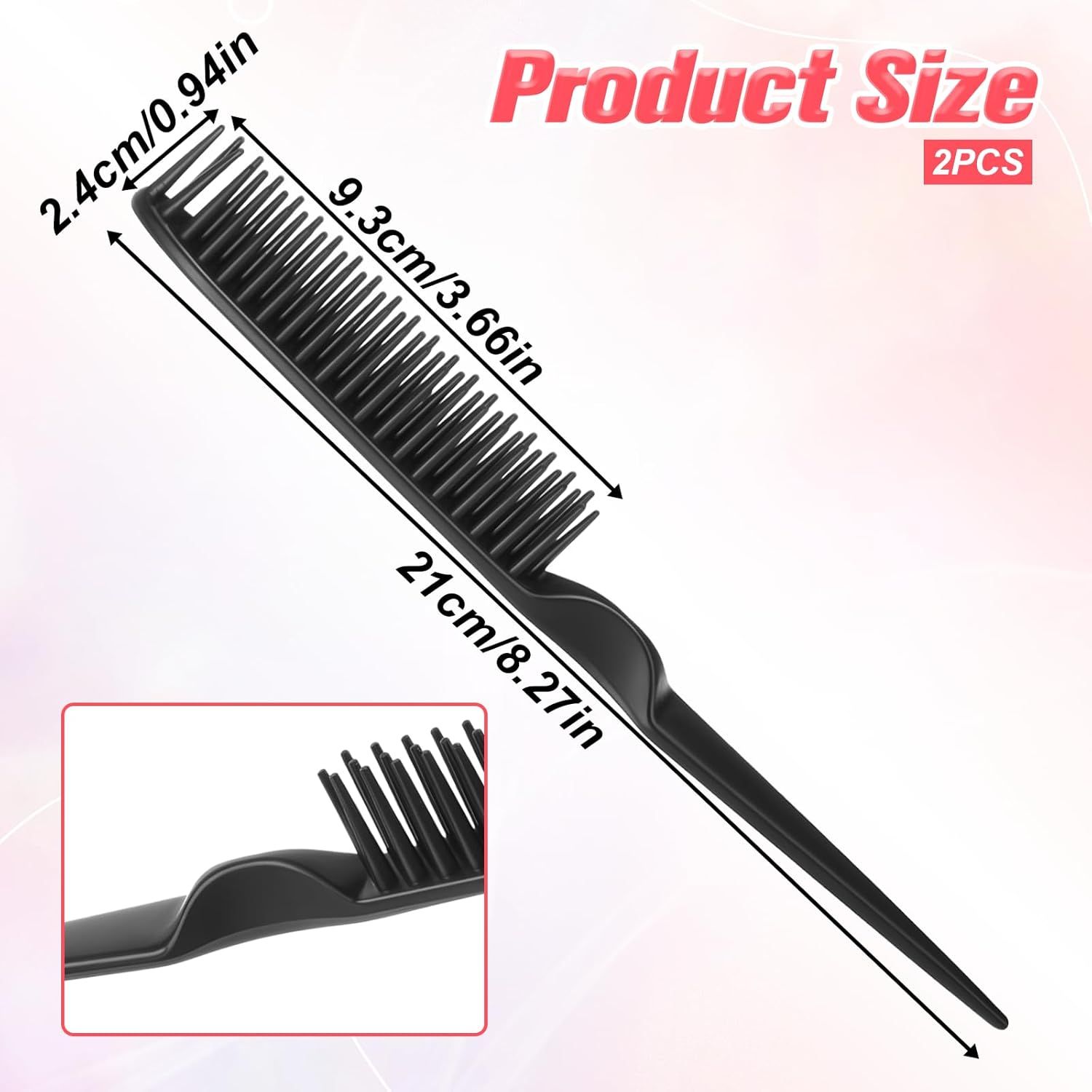2 Pcs 3 Row Styling Comb, Curling Hair Styling Brush Rat Tail Comb Used for Combing, Separating and Shaping Curls (Black) - Image 2