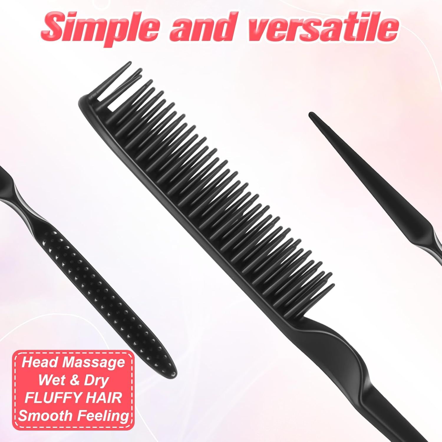 2 Pcs 3 Row Styling Comb, Curling Hair Styling Brush Rat Tail Comb Used for Combing, Separating and Shaping Curls (Black) - Image 5