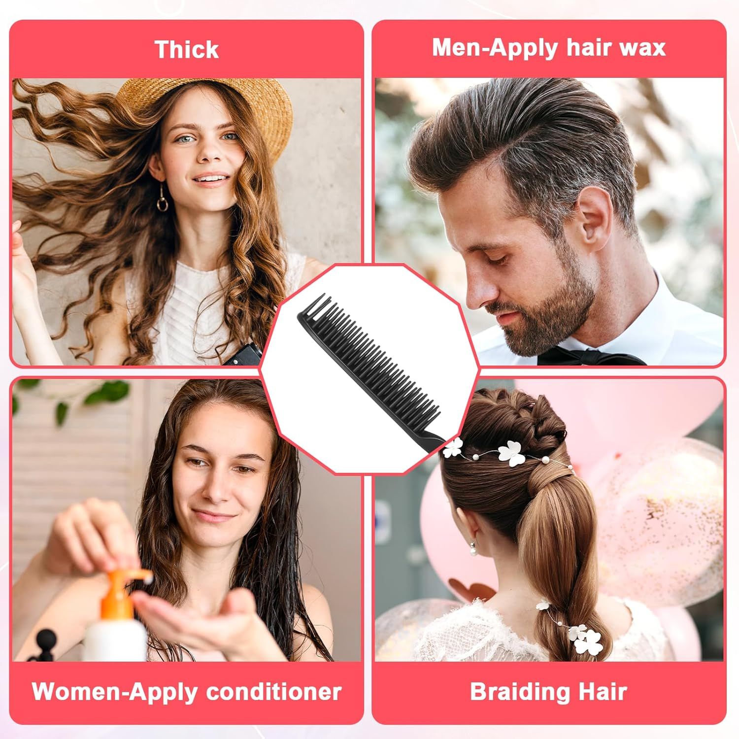 2 Pcs 3 Row Styling Comb, Curling Hair Styling Brush Rat Tail Comb Used for Combing, Separating and Shaping Curls (Black) - Image 7