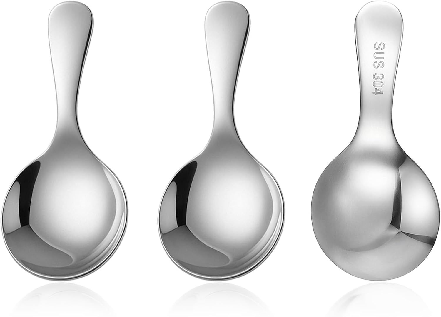 304 Stainless Spoons for Canisters, 3 PCS Short Handle Spoons, Silver Mini Scoops, Thickened Small Round Spoon, Small Coffee Scoops Candy Scoops for Salt Sugar Condiments Tea Desserts Coffee - Image 1