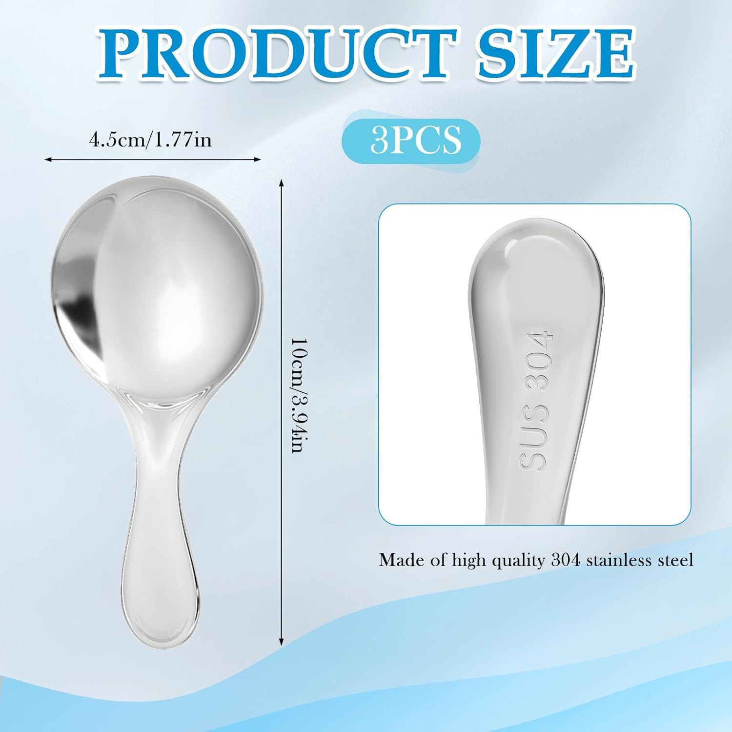 304 Stainless Spoons for Canisters, 3 PCS Short Handle Spoons, Silver Mini Scoops, Thickened Small Round Spoon, Small Coffee Scoops Candy Scoops for Salt Sugar Condiments Tea Desserts Coffee - Image 3