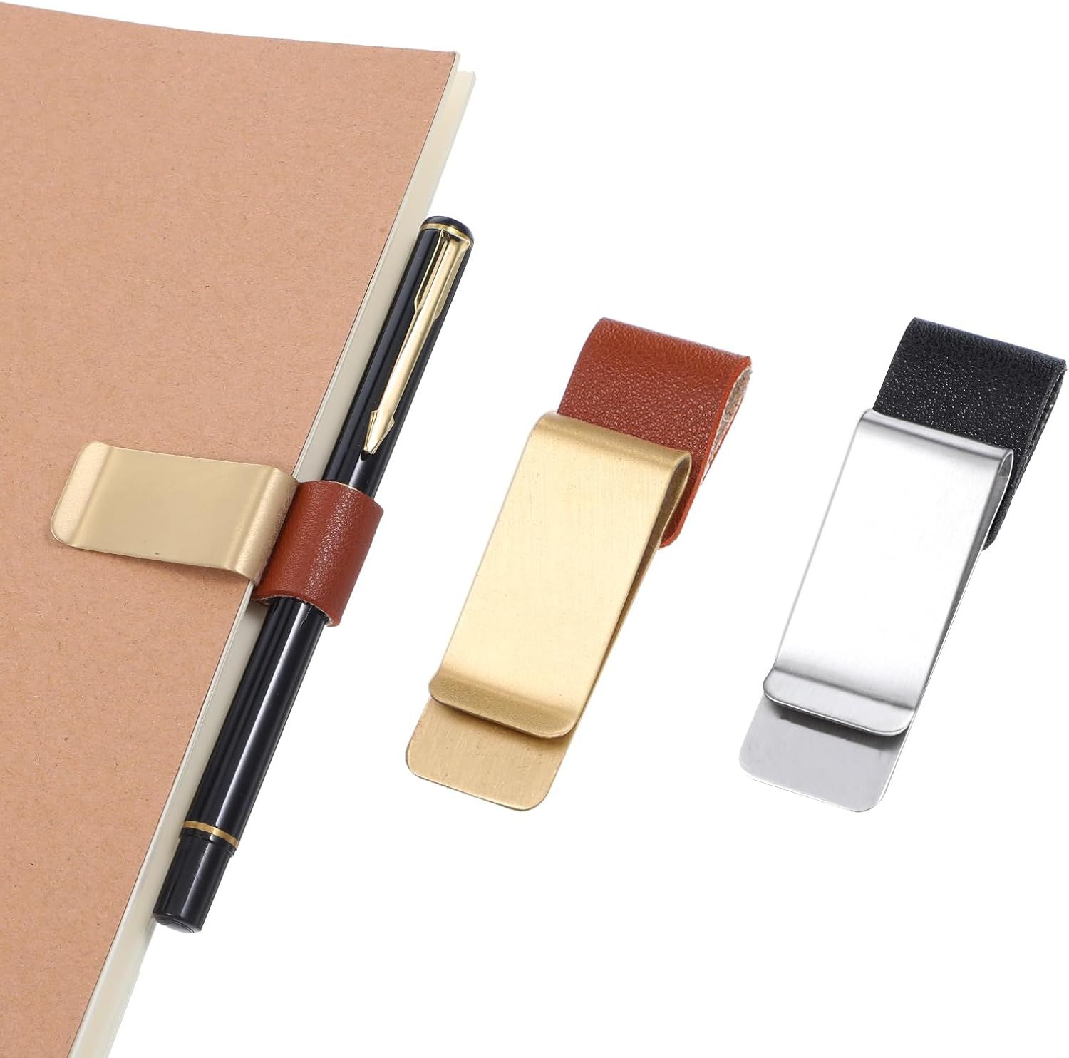 2 Pcs PU Leather Retro Notebook Pen Clips Metal Pen Loop Holder Sleeve - Silver & Gold - Image 1