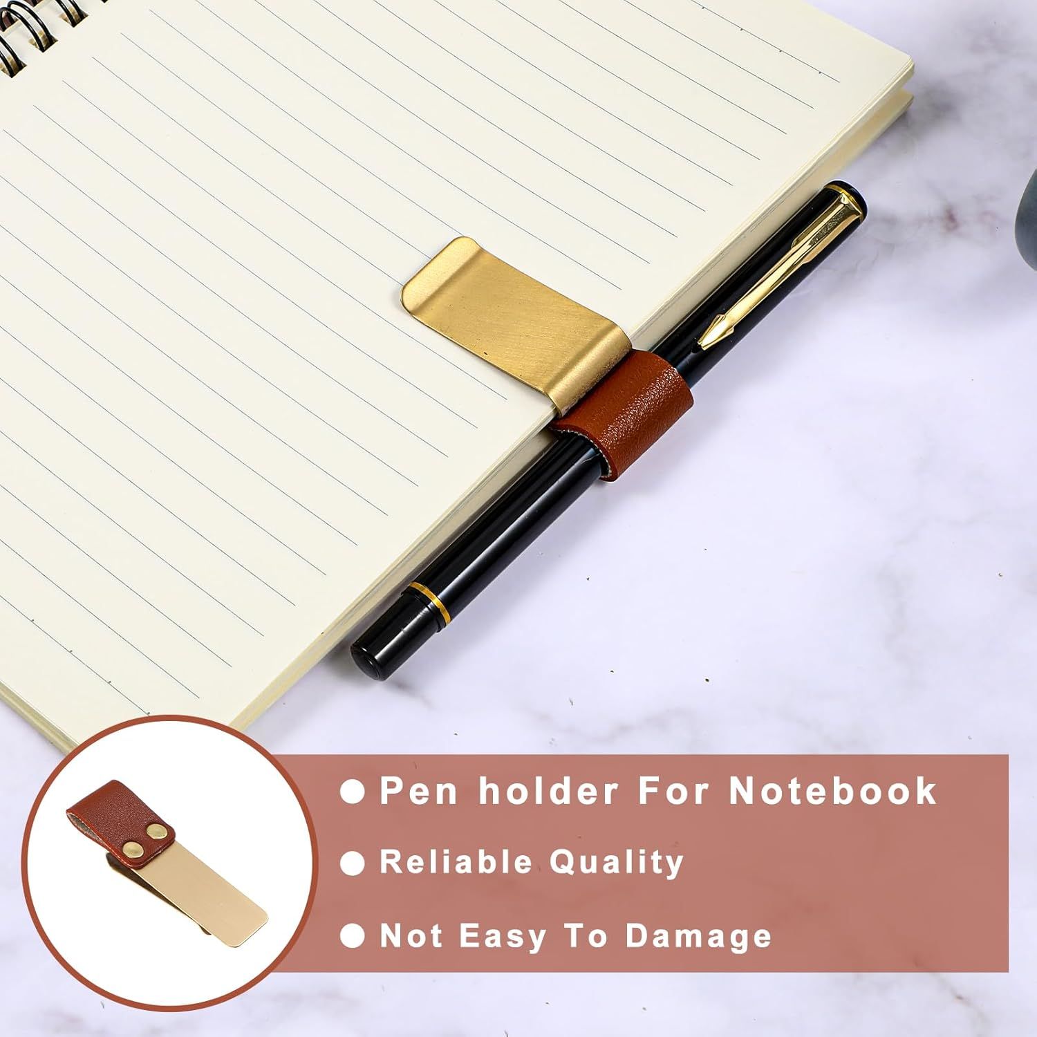 2 Pcs PU Leather Retro Notebook Pen Clips Metal Pen Loop Holder Sleeve - Silver & Gold - Image 5