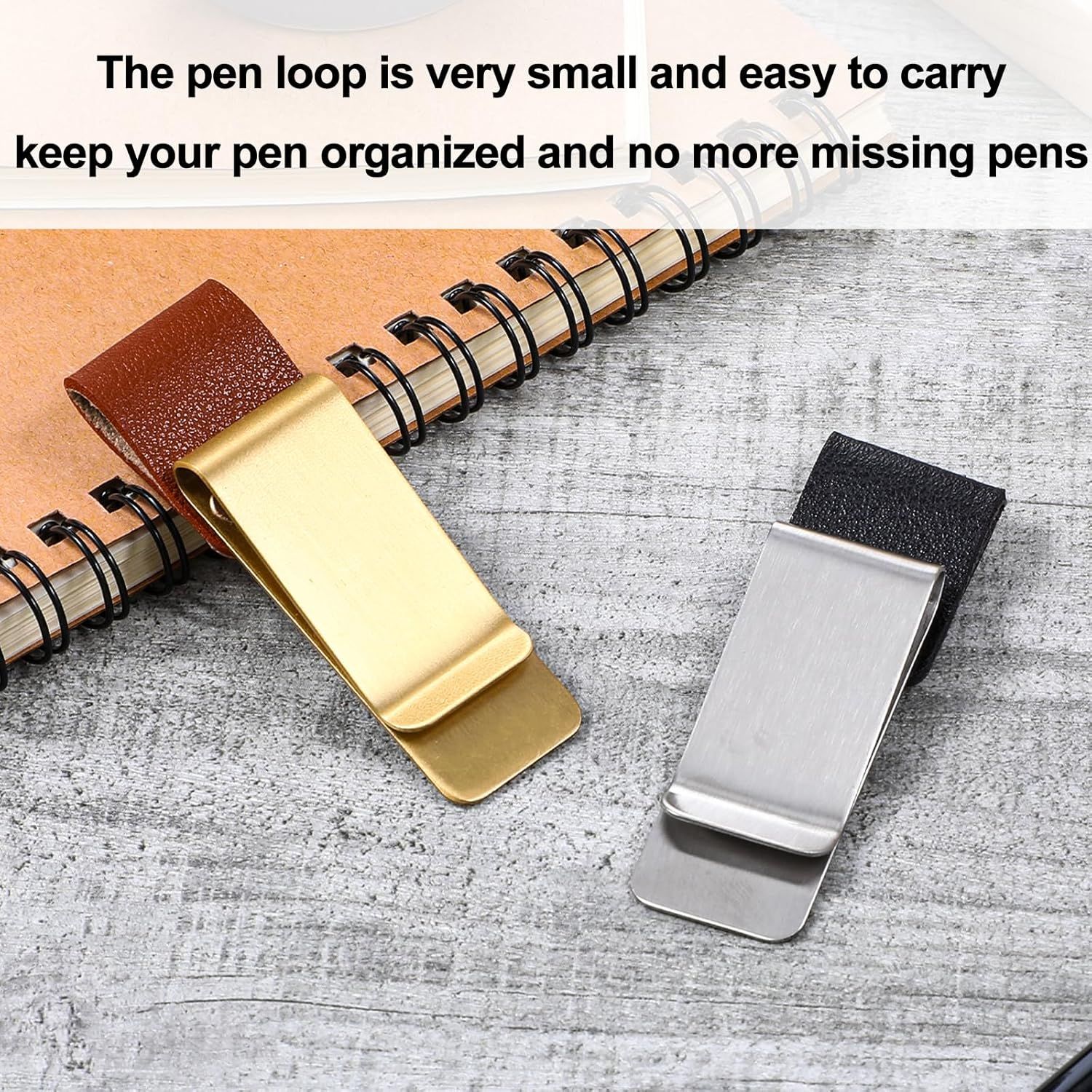 2 Pcs PU Leather Retro Notebook Pen Clips Metal Pen Loop Holder Sleeve - Silver & Gold - Image 6