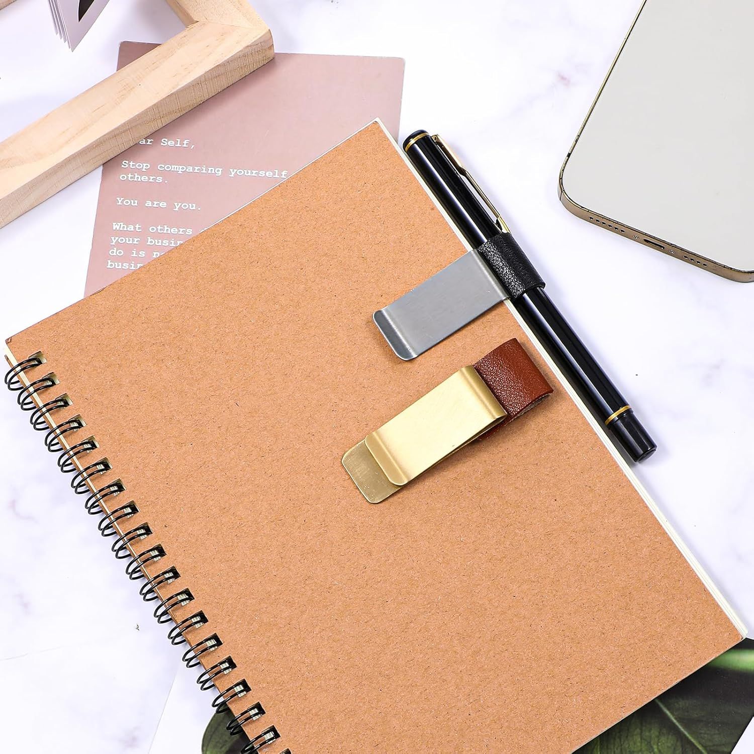 2 Pcs PU Leather Retro Notebook Pen Clips Metal Pen Loop Holder Sleeve - Silver & Gold - Image 7