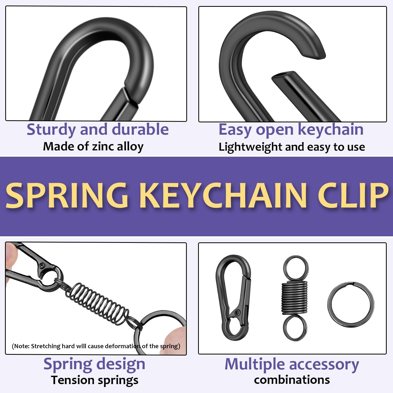 4Pack Small Carabiner Keychain, Spring Keyring Holder Organizer Clips, Metal Snap Hook Clip for Car Key Chain, Keyrings Holder, Purse Hook, Paracord Keychain Lanyard, Men and Women Key Fob (Black) - Image 3