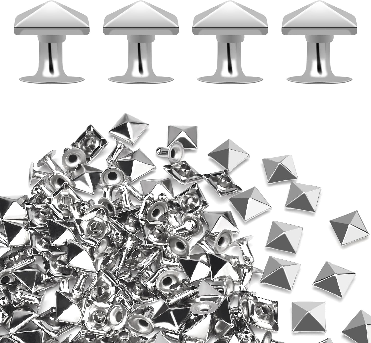100 Sets 10mm Square Leather Rivets, Metal Pyramid Spike Studs Rivet for Leather Wrists Boots Clothing Pet Collars Belt Bags Punk Bracelets Key Fob DIY Repair and Decoration (Silver) - Image 1