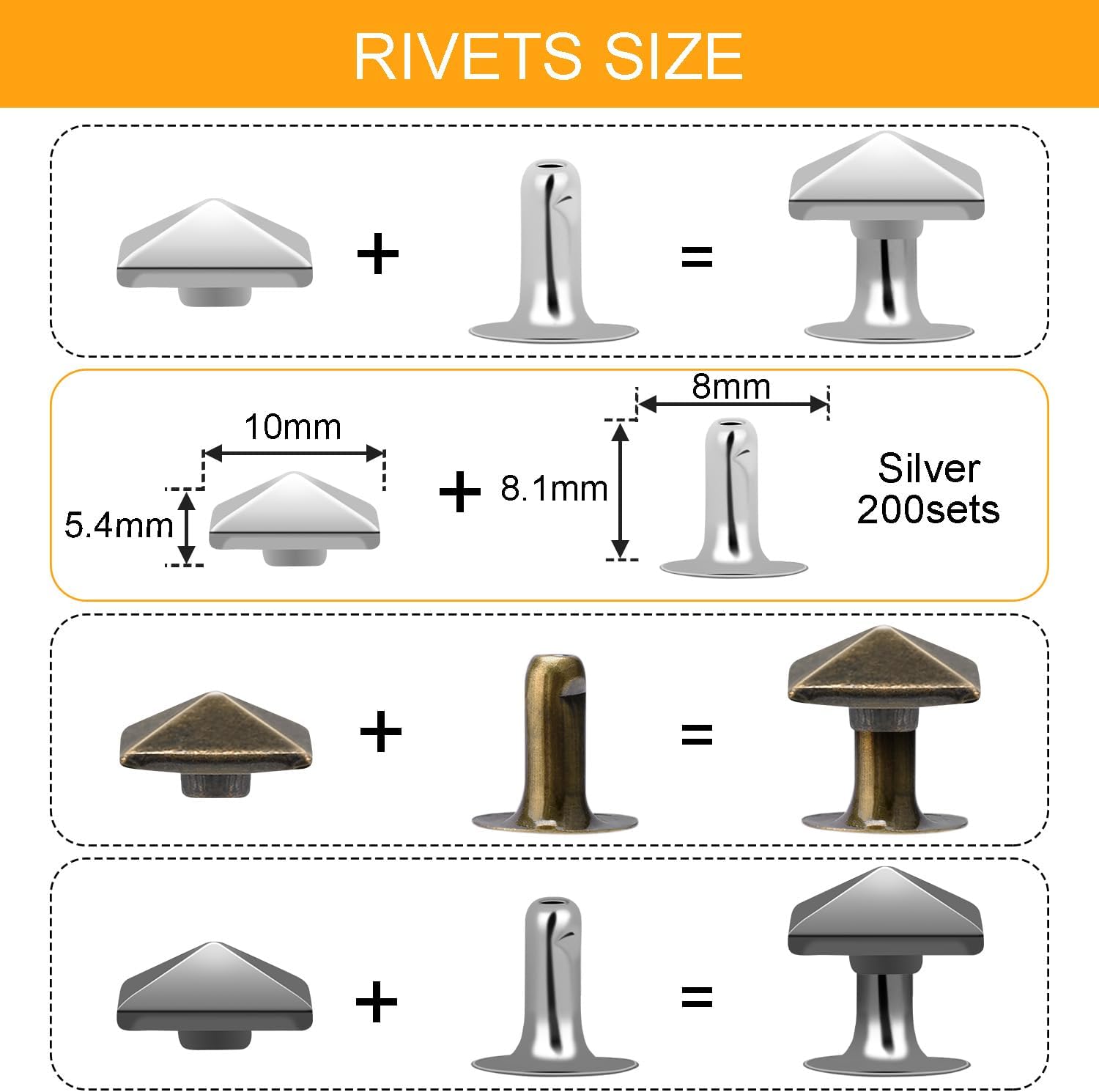 100 Sets 10mm Square Leather Rivets, Metal Pyramid Spike Studs Rivet for Leather Wrists Boots Clothing Pet Collars Belt Bags Punk Bracelets Key Fob DIY Repair and Decoration (Silver) - Image 2