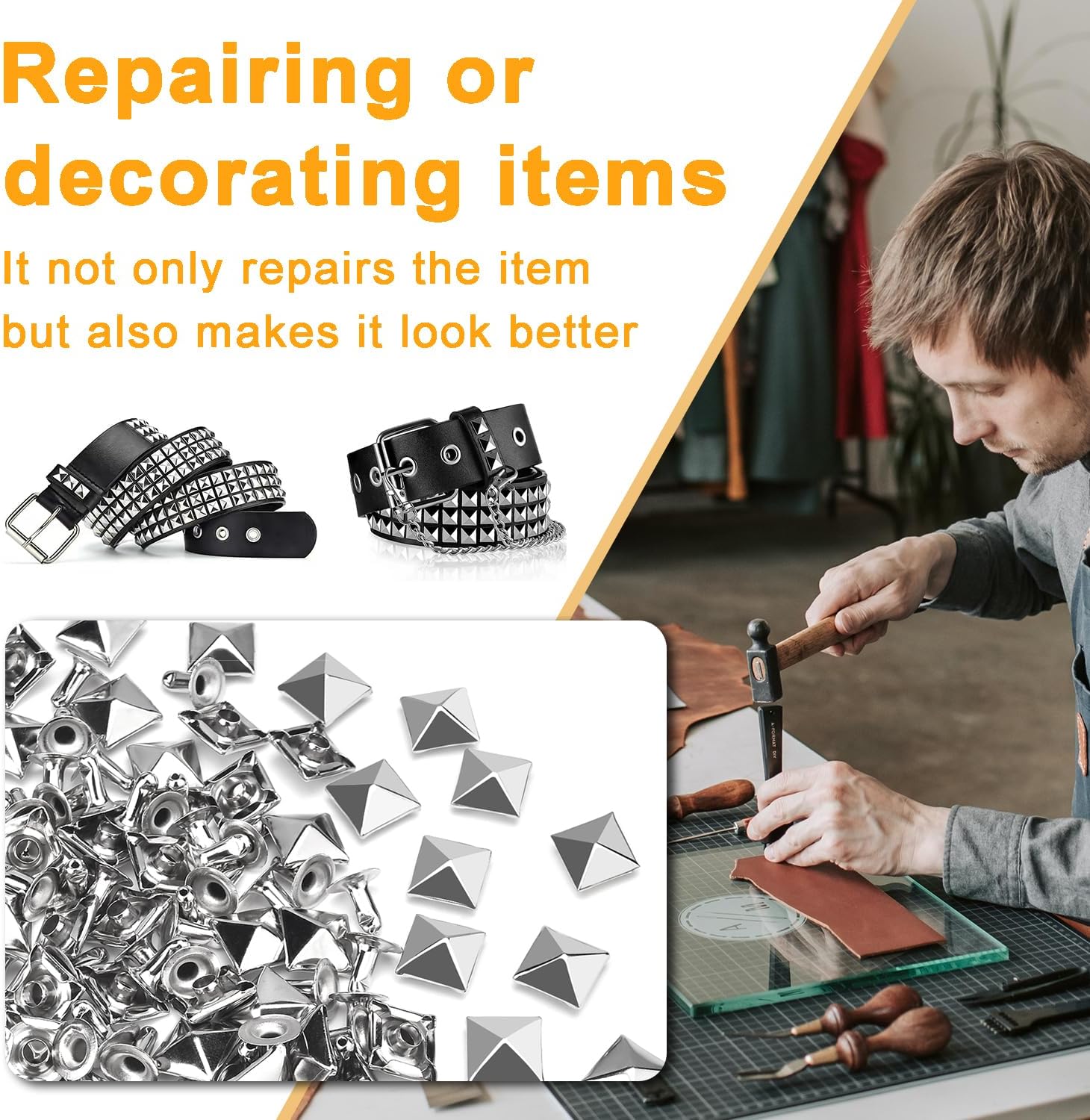 100 Sets 10mm Square Leather Rivets, Metal Pyramid Spike Studs Rivet for Leather Wrists Boots Clothing Pet Collars Belt Bags Punk Bracelets Key Fob DIY Repair and Decoration (Silver) - Image 5