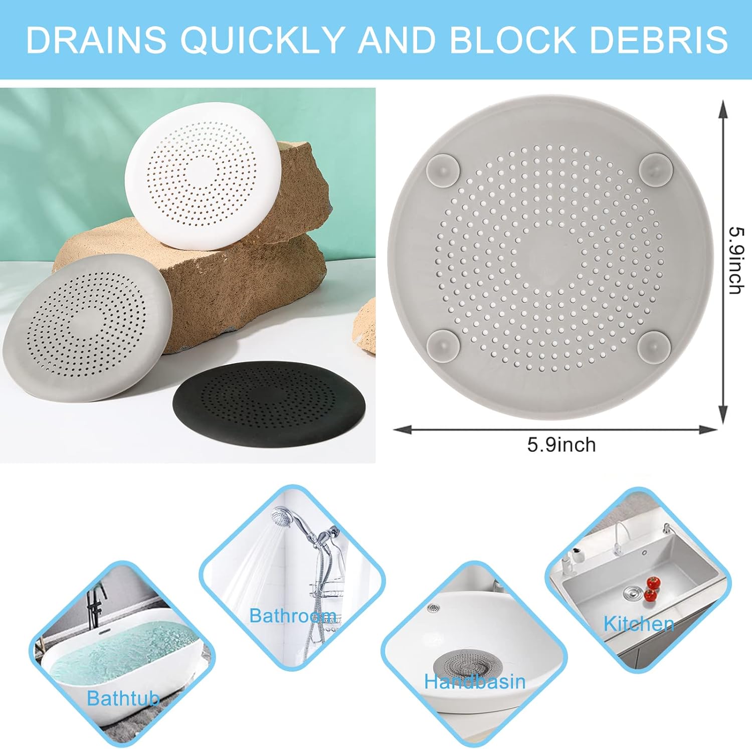 2 Pack Shower Drain Hair Catcher, Silicone Drain Cover with Suction Cup,Shower Drain Protector Drain Strainer Hair Stopper for Kitchen Bathroom Bathtub Sink(New Black 2Pack) - Image 2
