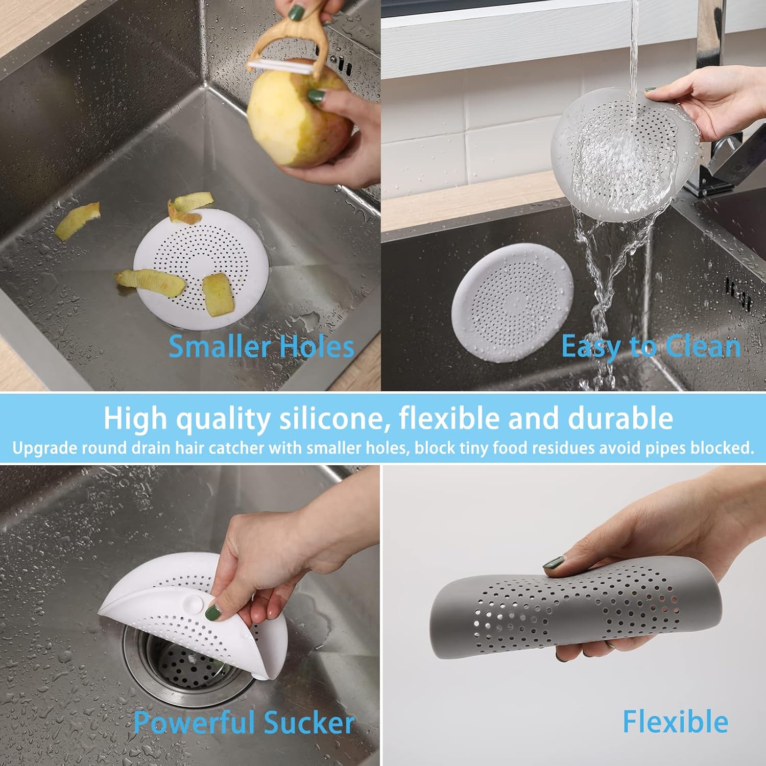 2 Pack Shower Drain Hair Catcher, Silicone Drain Cover with Suction Cup,Shower Drain Protector Drain Strainer Hair Stopper for Kitchen Bathroom Bathtub Sink(New Black 2Pack) - Image 4