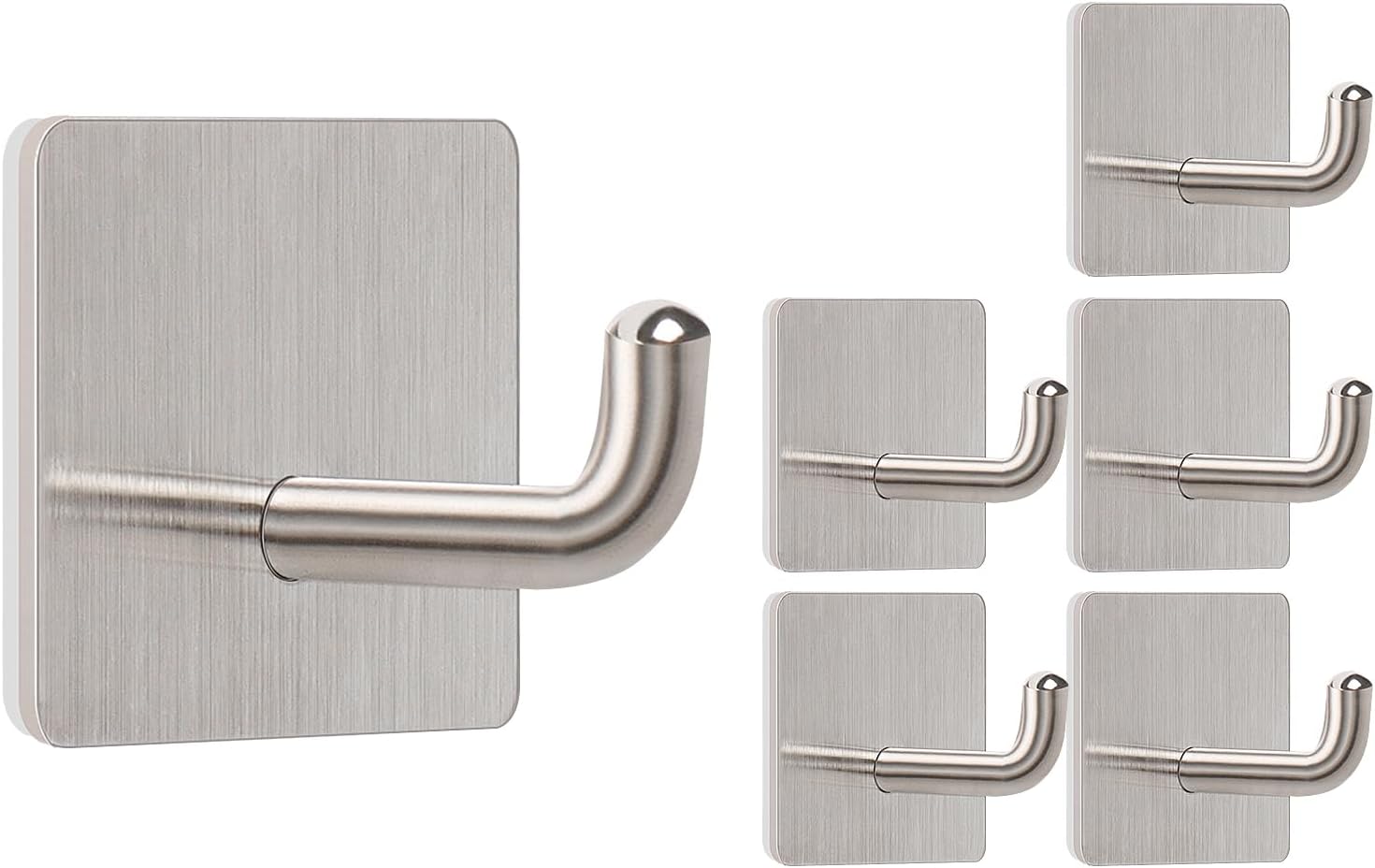 Livabber Adhesive Towel Hooks, 304 Stainless Steel Self Sticky Wall Hooks Waterproof Shower Hooks for Robe/Clothes, No Drilling Towel Hangers for Bathroom Kitchen Bedroom (Brushed Nickel, 6 Packs) - Image 1