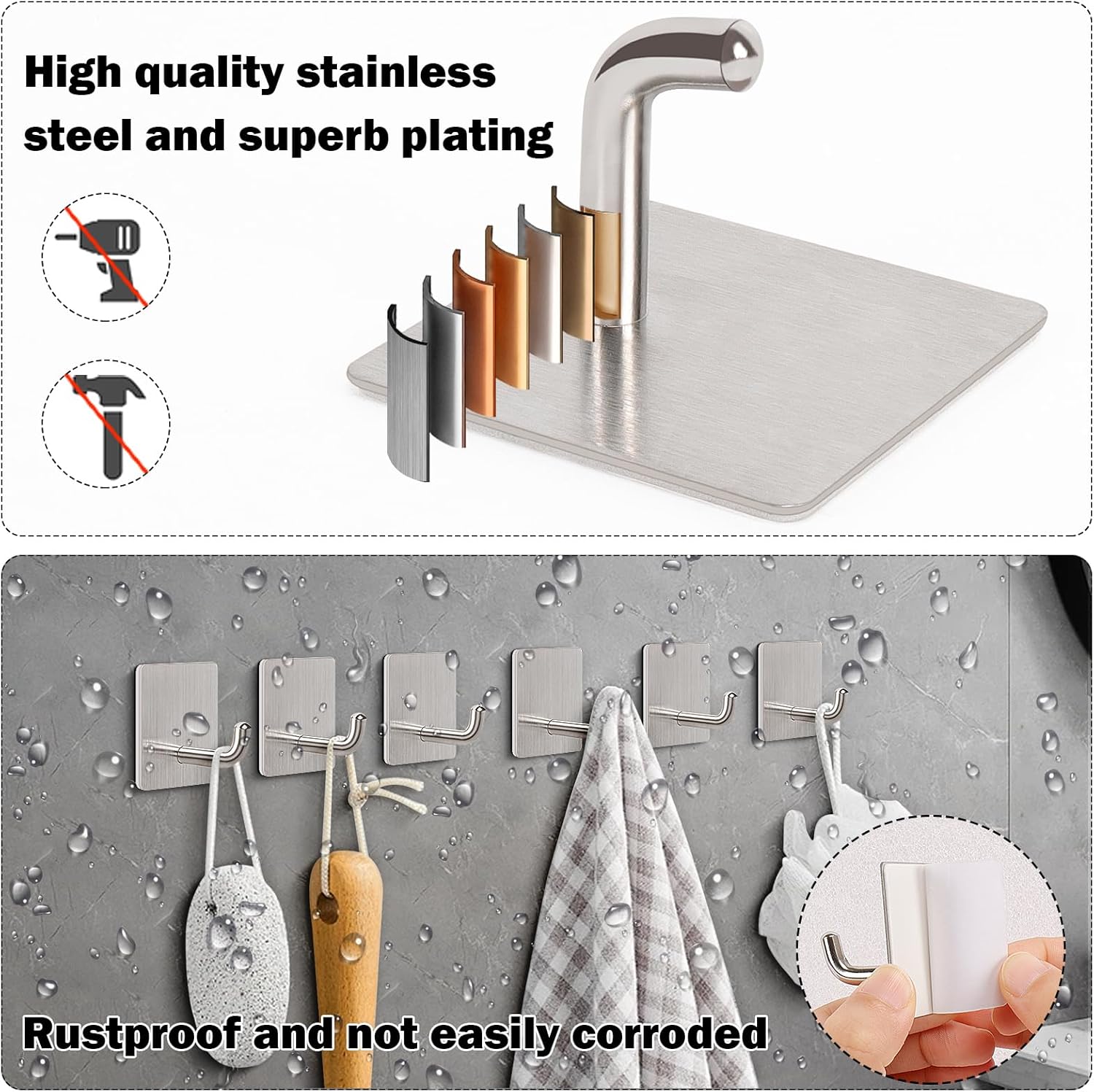 Livabber Adhesive Towel Hooks, 304 Stainless Steel Self Sticky Wall Hooks Waterproof Shower Hooks for Robe/Clothes, No Drilling Towel Hangers for Bathroom Kitchen Bedroom (Brushed Nickel, 6 Packs) - Image 3