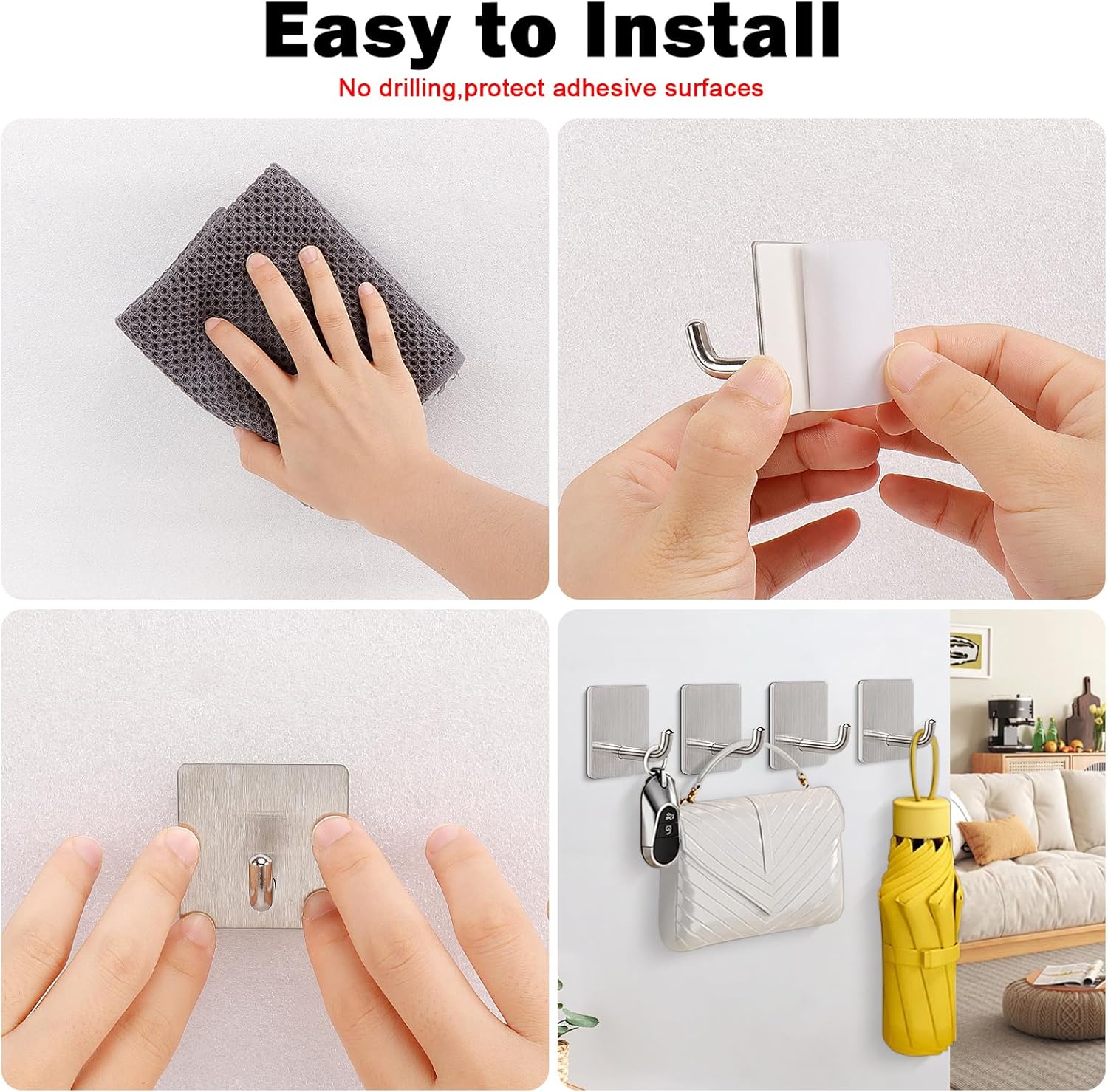 Livabber Adhesive Towel Hooks, 304 Stainless Steel Self Sticky Wall Hooks Waterproof Shower Hooks for Robe/Clothes, No Drilling Towel Hangers for Bathroom Kitchen Bedroom (Brushed Nickel, 6 Packs) - Image 5