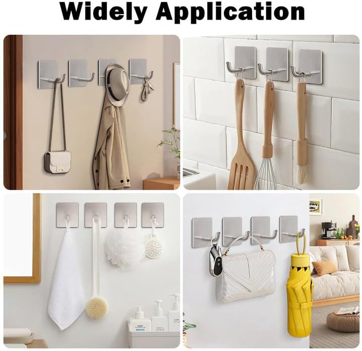 Livabber Adhesive Towel Hooks, 304 Stainless Steel Self Sticky Wall Hooks Waterproof Shower Hooks for Robe/Clothes, No Drilling Towel Hangers for Bathroom Kitchen Bedroom (Brushed Nickel, 6 Packs) - Image 6