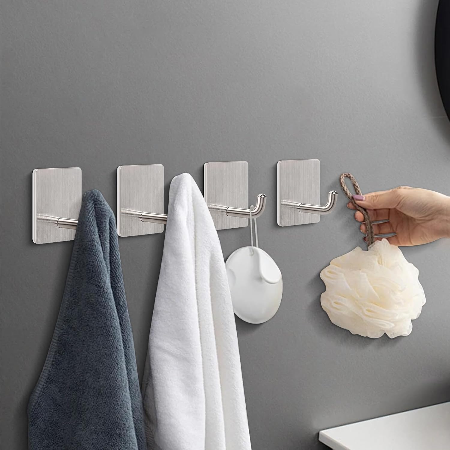 Livabber Adhesive Towel Hooks, 304 Stainless Steel Self Sticky Wall Hooks Waterproof Shower Hooks for Robe/Clothes, No Drilling Towel Hangers for Bathroom Kitchen Bedroom (Brushed Nickel, 6 Packs) - Image 8