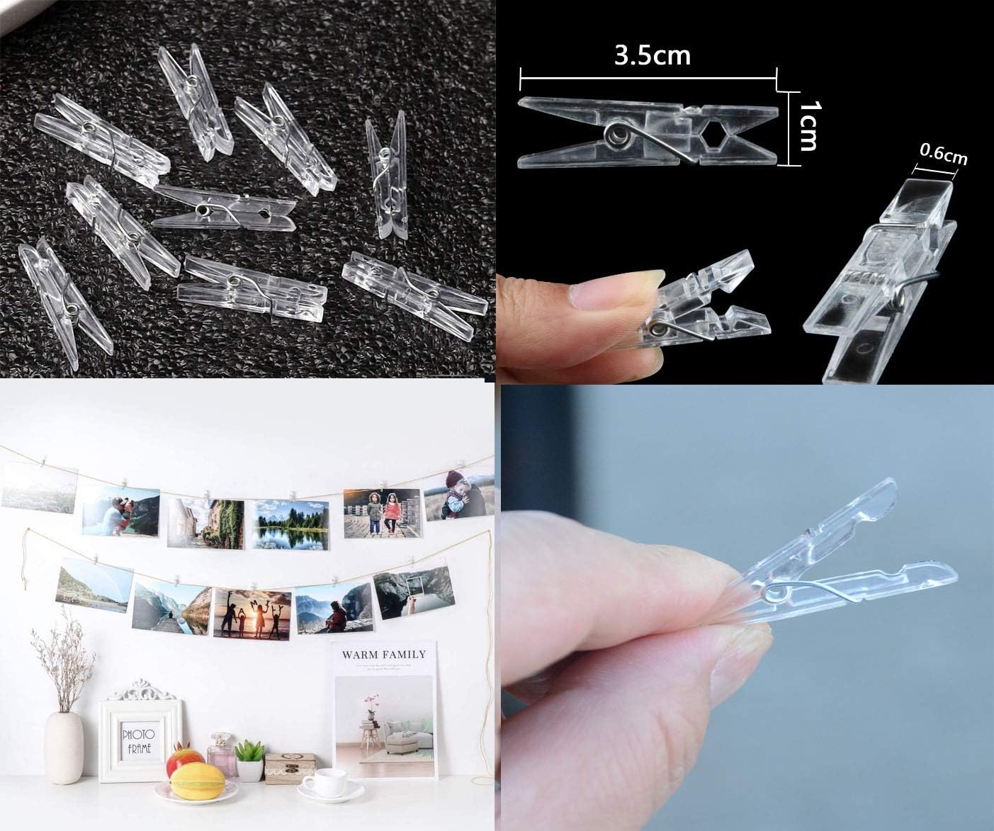 Yansanido 100pcs Mini Clear Plastic Utility Paper Clip, Clothespins Clips, Clothes Line String Clips, mini Clothes Pins for Photo for String Fairy Lights Color Clear(100pcs Clear Plastic Clips) - Image 5