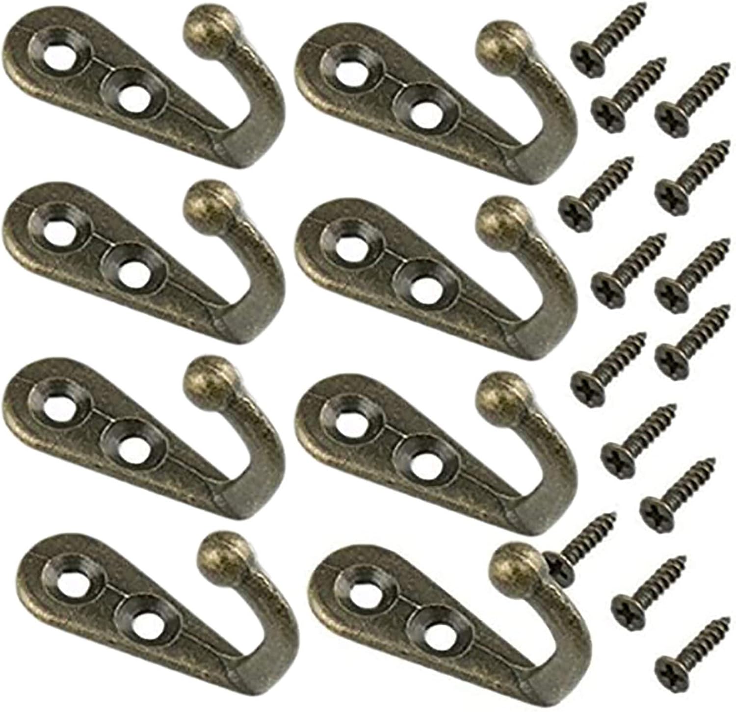 Yansanido Pack of 24 MINI Bronze Tone Vintage Style Double Hole Metal Single Hook Hangers Door Hook Hanging with 48 Screws - Image 1