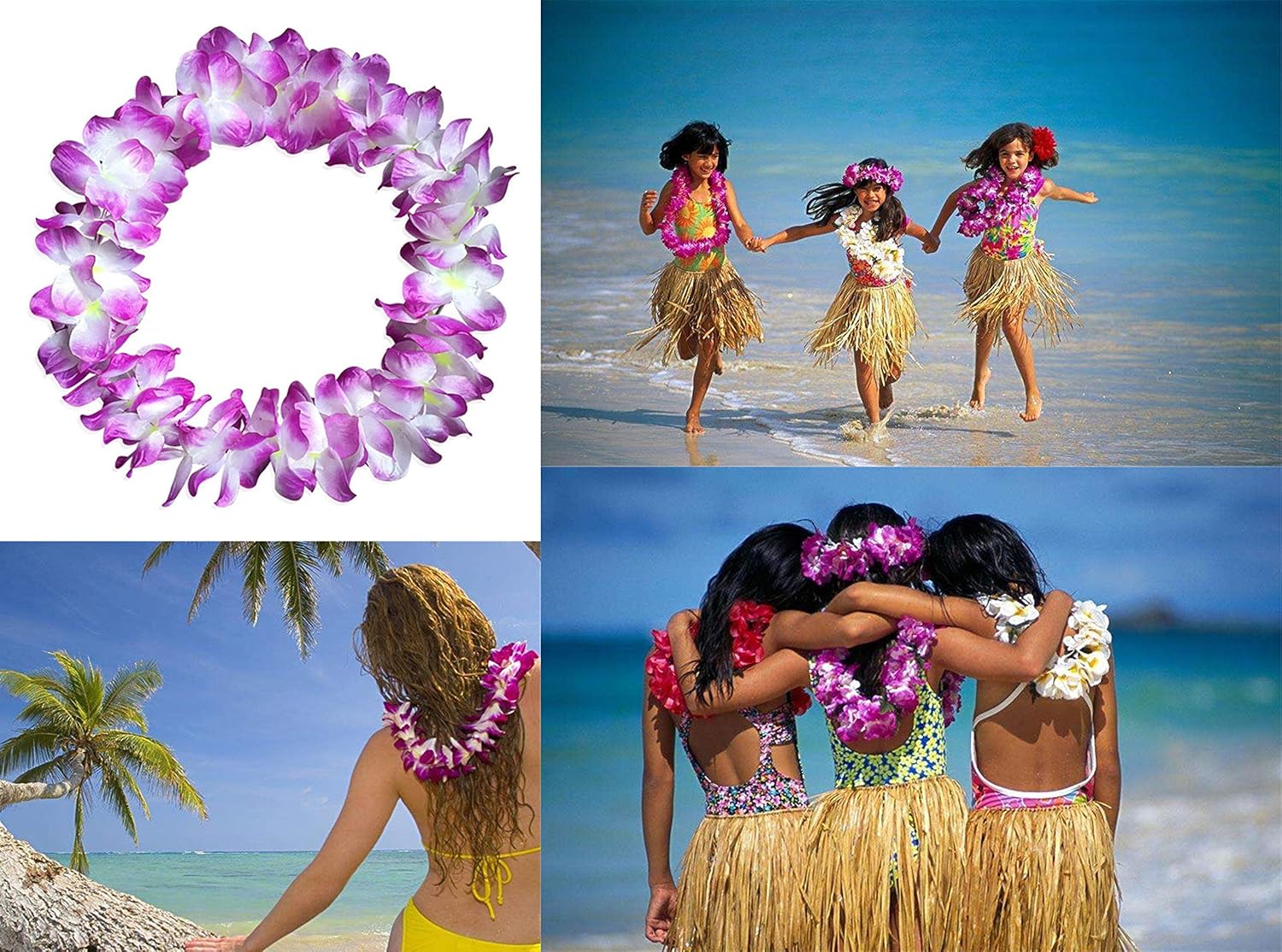 4 Pcs Purple Hawaiian Leis with Green Leaves for Graduation Party, Dance Party, Photo Prop in Outdoors (Purple) - Image 3