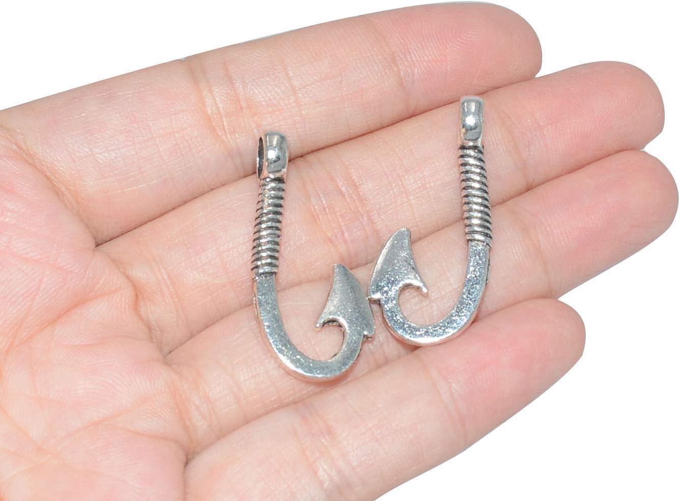 Pack of 50 Alloy Bulk Fish Hook Charms Pendents 13mmx31mm Jewelry Findings for Making Bracelet and Necklace (Silver 50pcs) - Image 2
