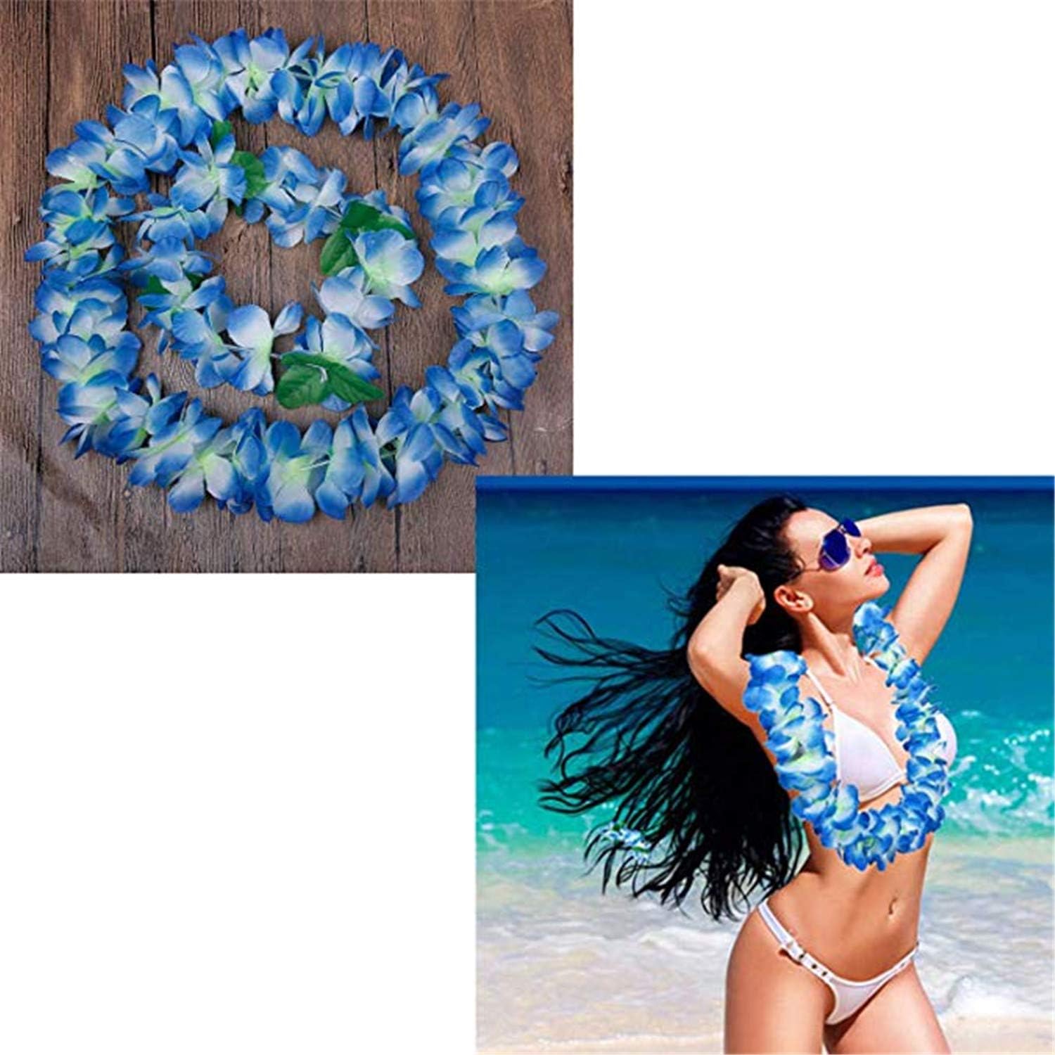 Yansanido 4 Pcs Blue Hawaiian Leis with Green Leaves for Graduation Party, Dance Party, Photo Prop in Outdoors (Blue) - Image 6