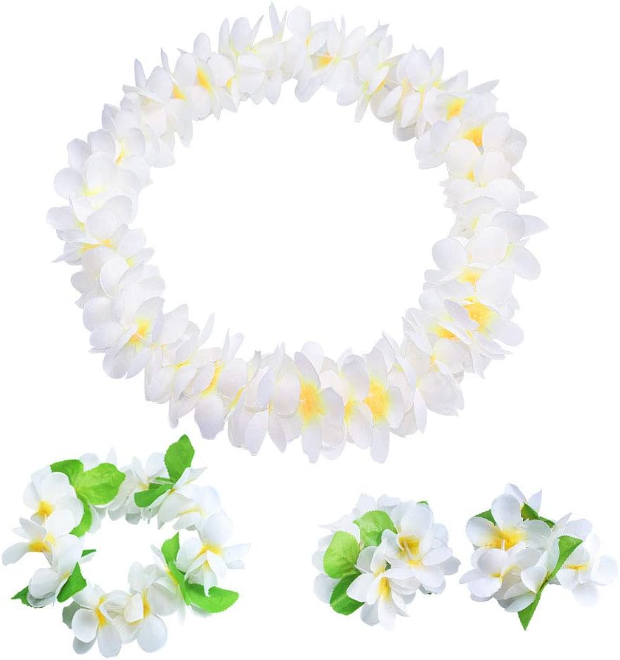 Yansanido 4 Pcs White Hawaiian Leis with Green Leaves for Graduation Party, Dance Party, Photo Prop in Outdoors (White) - Image 1