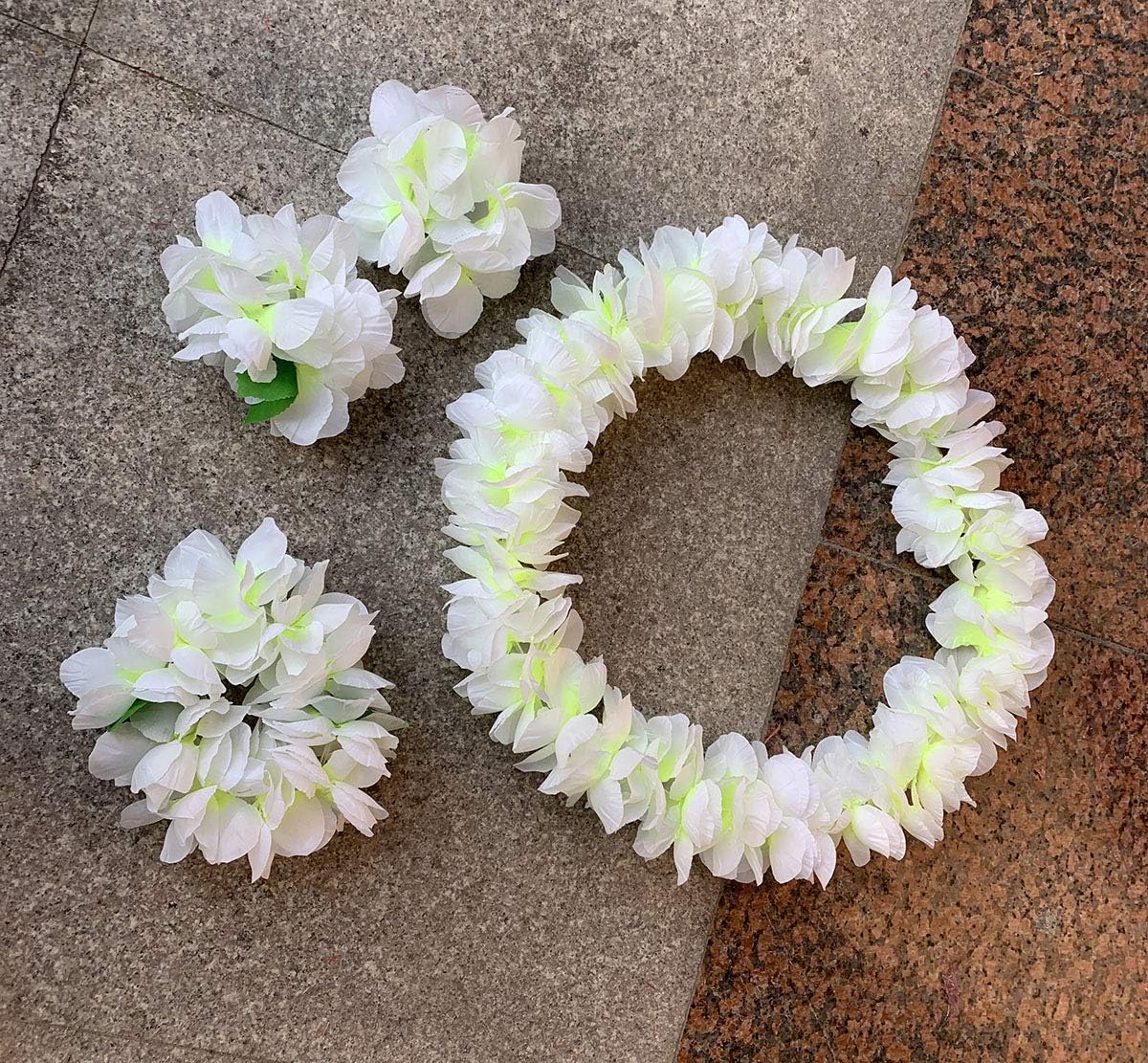 Yansanido 4 Pcs White Hawaiian Leis with Green Leaves for Graduation Party, Dance Party, Photo Prop in Outdoors (White) - Image 2