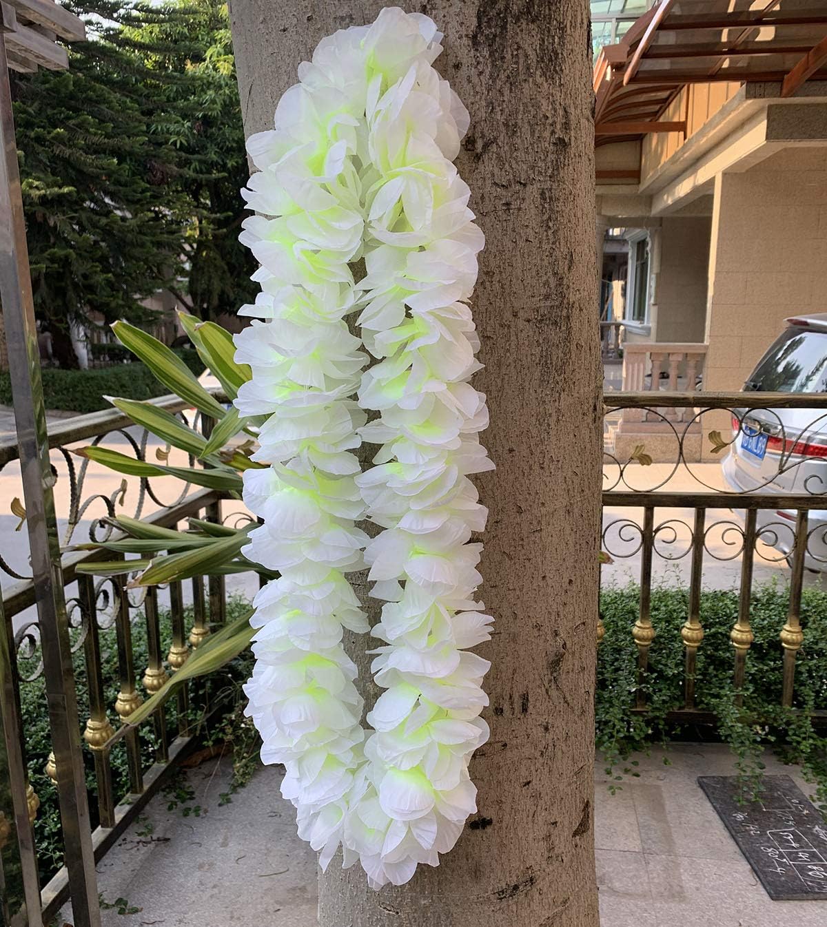Yansanido 4 Pcs White Hawaiian Leis with Green Leaves for Graduation Party, Dance Party, Photo Prop in Outdoors (White) - Image 3