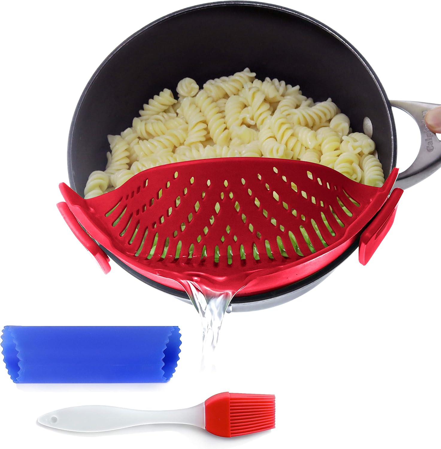 Clip On Kitchen Food Strainer for Spaghetti, Meat, Pasta, & Ground Beef Grease, Colander & Sieve Snaps or Clips Onto Bowls, Pots & Pans Includes Silicone Drainer, Brush & Garlic Peeler (Dk Red) - Image 1