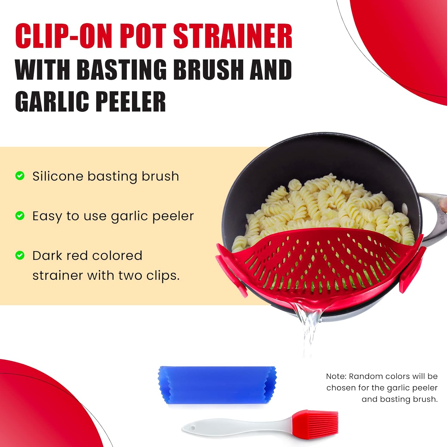 Clip On Kitchen Food Strainer for Spaghetti, Meat, Pasta, & Ground Beef Grease, Colander & Sieve Snaps or Clips Onto Bowls, Pots & Pans Includes Silicone Drainer, Brush & Garlic Peeler (Dk Red) - Image 2