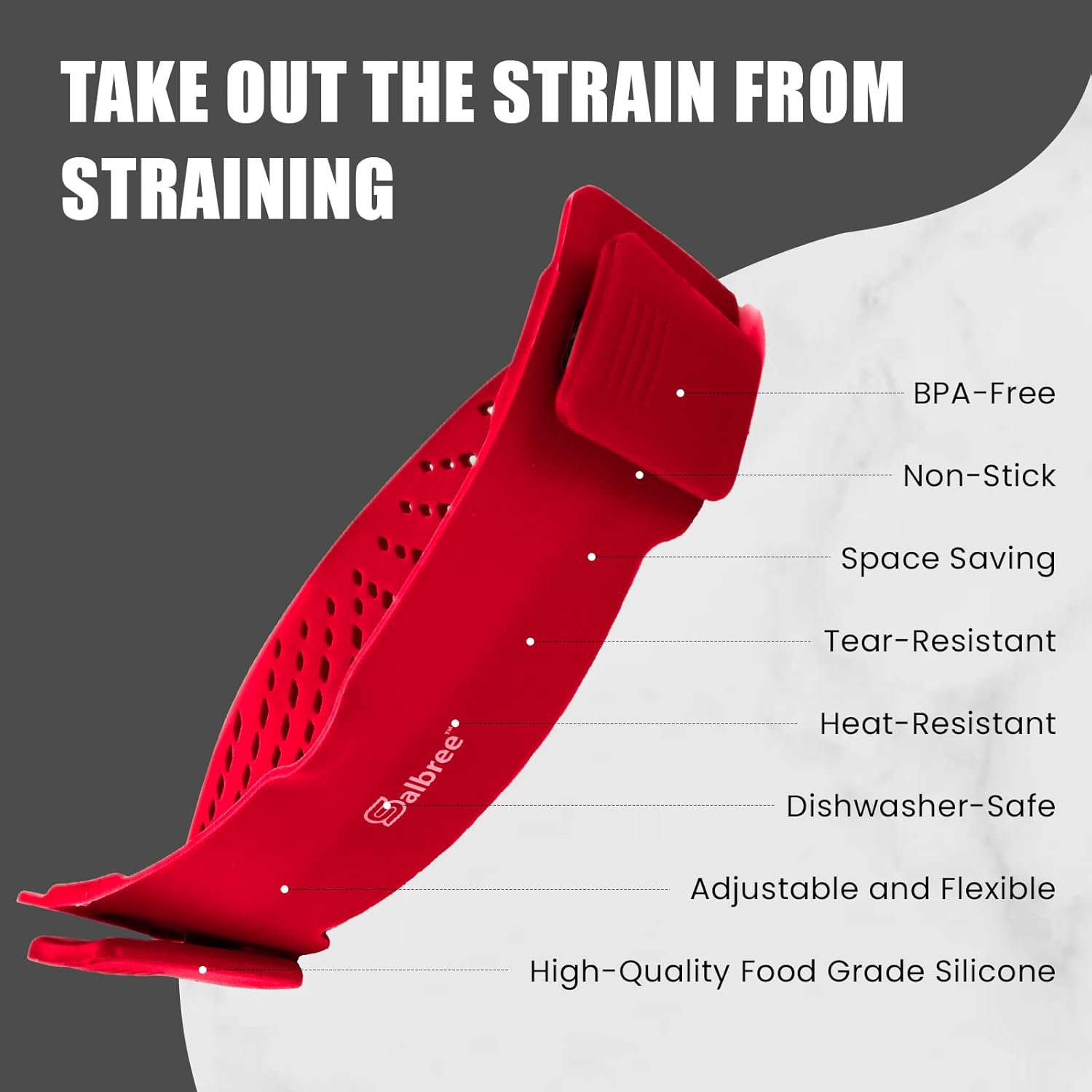 Clip On Kitchen Food Strainer for Spaghetti, Meat, Pasta, & Ground Beef Grease, Colander & Sieve Snaps or Clips Onto Bowls, Pots & Pans Includes Silicone Drainer, Brush & Garlic Peeler (Dk Red) - Image 3