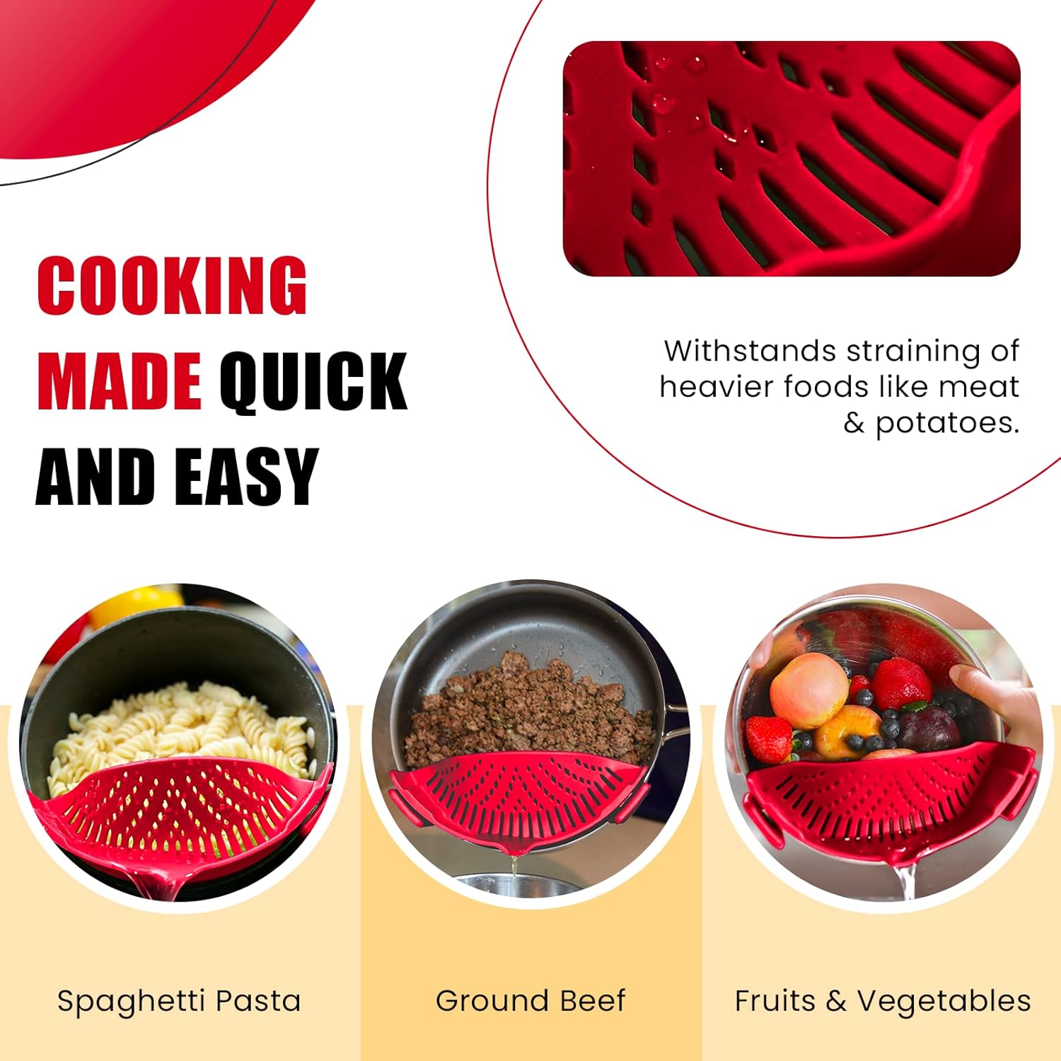Clip On Kitchen Food Strainer for Spaghetti, Meat, Pasta, & Ground Beef Grease, Colander & Sieve Snaps or Clips Onto Bowls, Pots & Pans Includes Silicone Drainer, Brush & Garlic Peeler (Dk Red) - Image 5