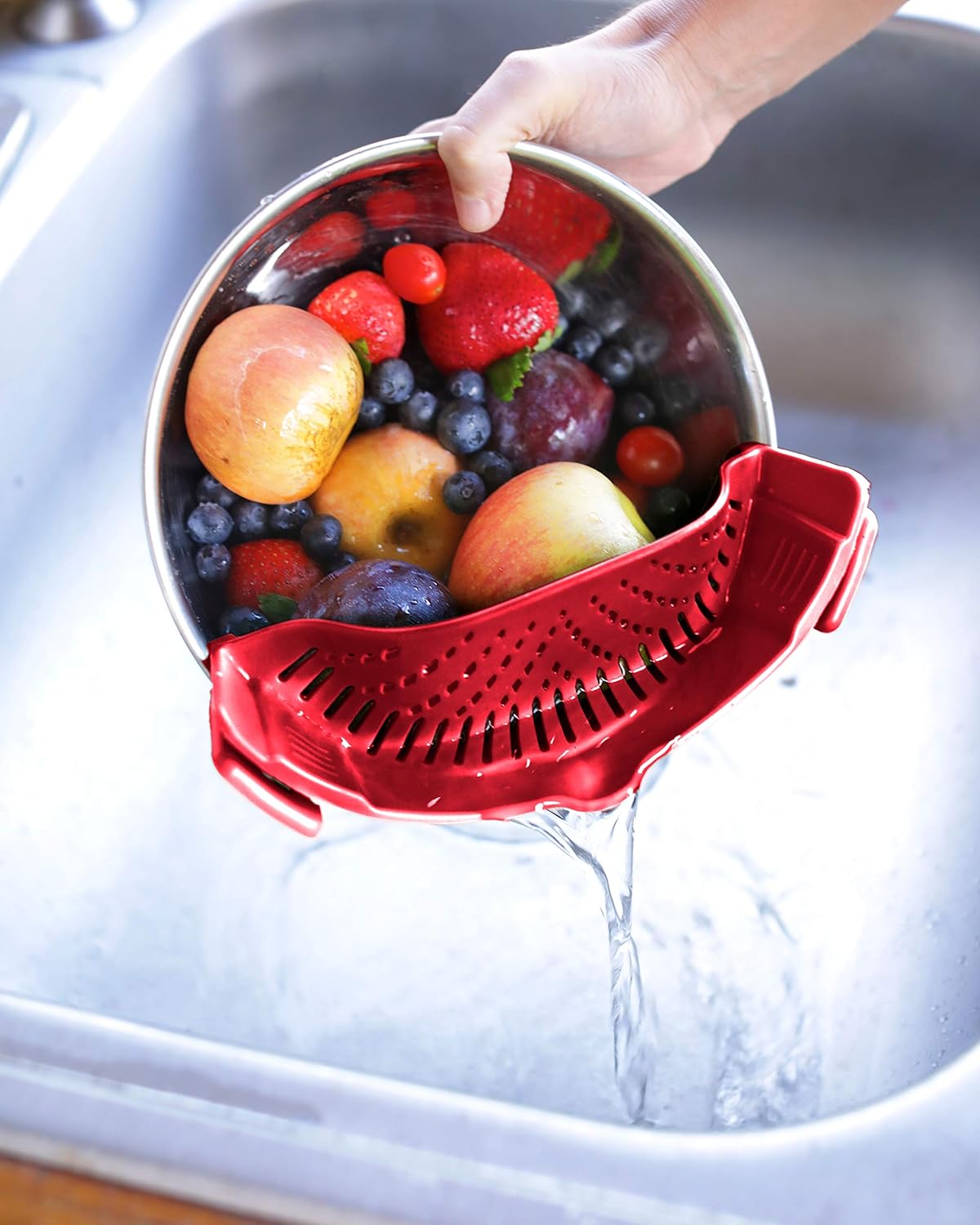 Clip On Kitchen Food Strainer for Spaghetti, Meat, Pasta, & Ground Beef Grease, Colander & Sieve Snaps or Clips Onto Bowls, Pots & Pans Includes Silicone Drainer, Brush & Garlic Peeler (Dk Red) - Image 7